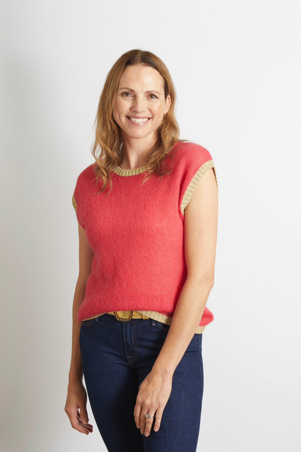 Rosie Knitted Tank Top with Gold Sparkle Lurex Trim - Cerise Pink