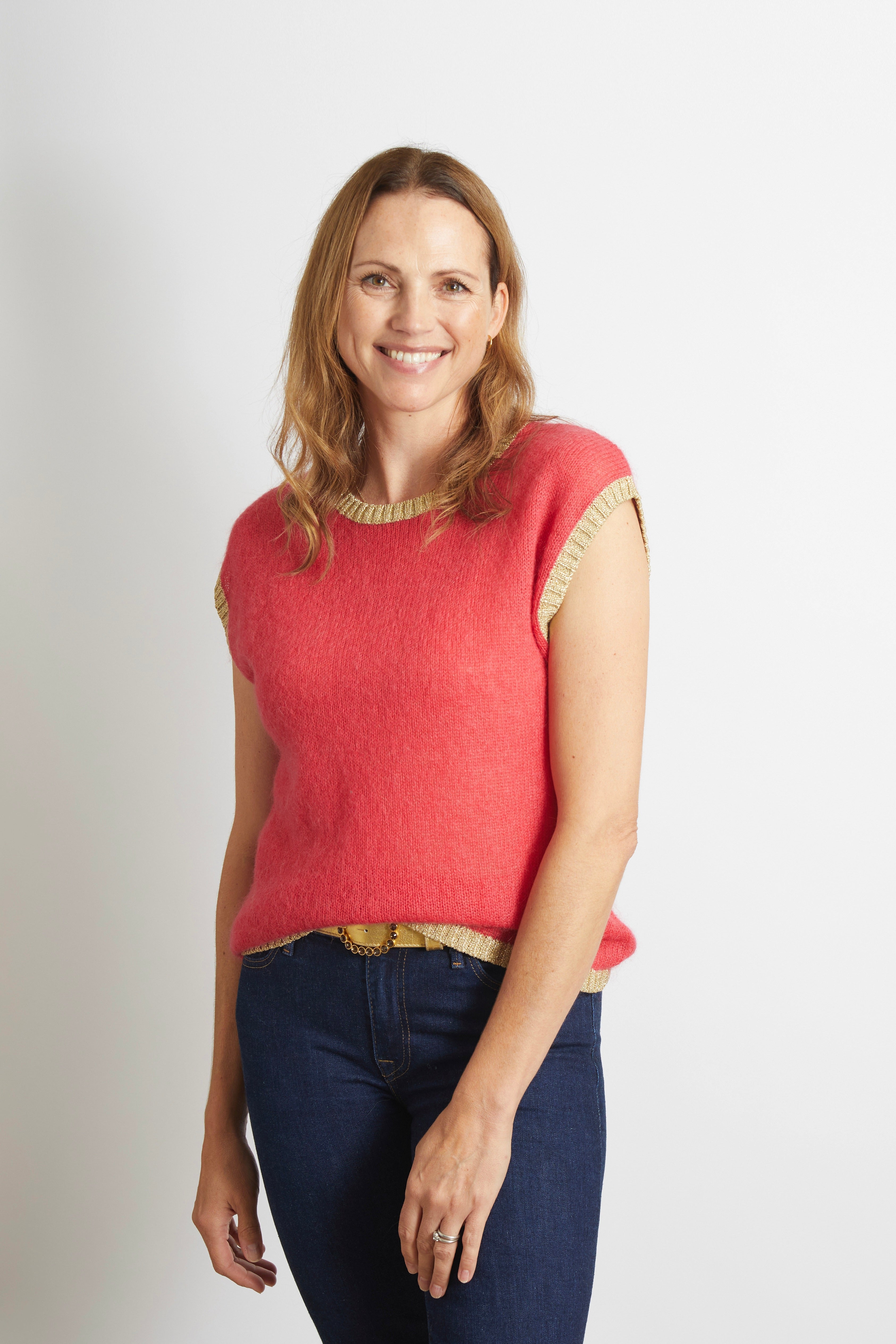 Rosie Knitted Tank Top with Gold Sparkle Lurex Trim - Cerise Pink