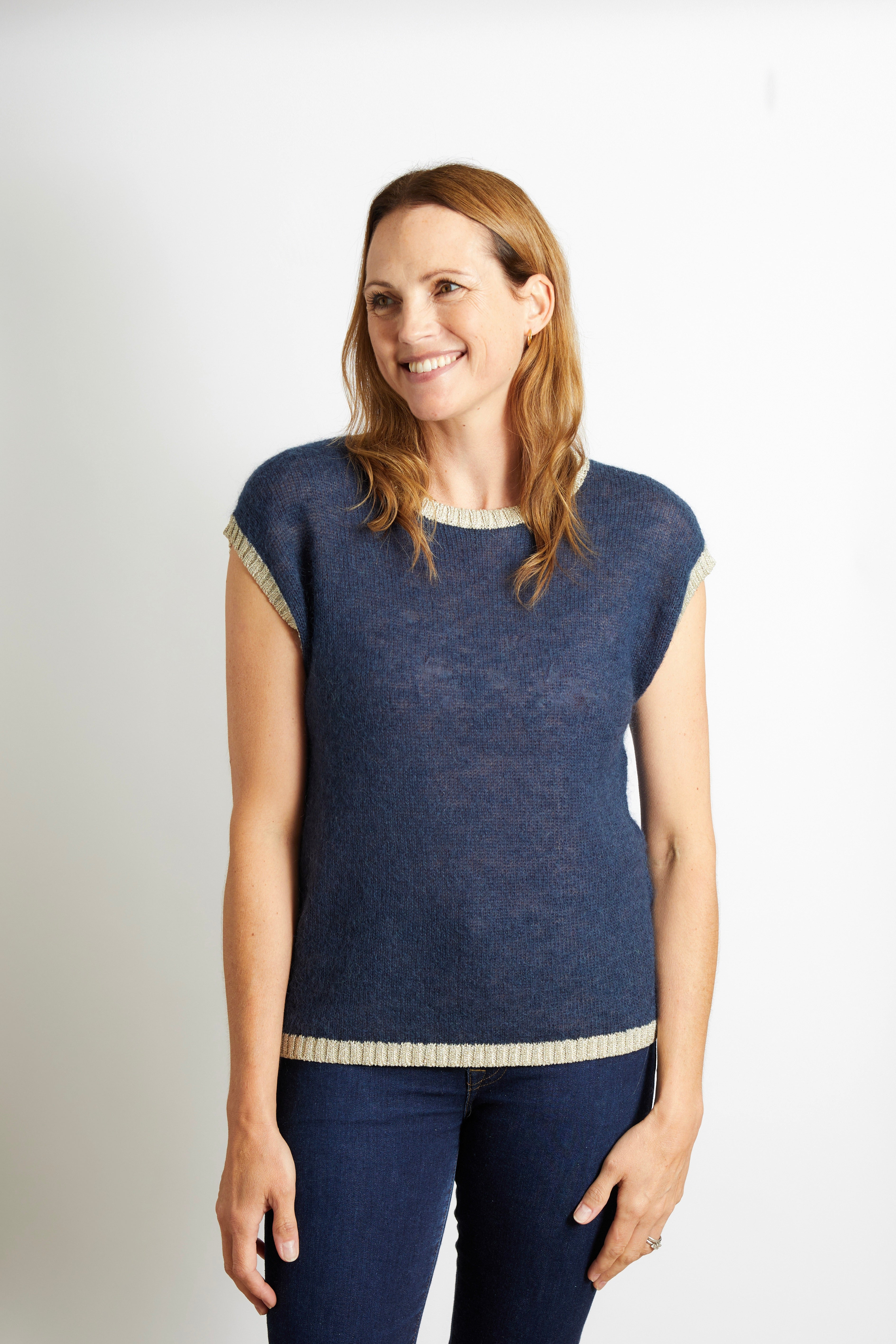 Rosie Knitted Tank Top with Gold Sparkle Lurex Trim - Cerise Pink