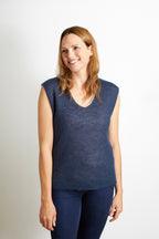 Nancy Knitted V Neck Tank Top with Champagne Sparkle Lurex Trim - Navy Blue