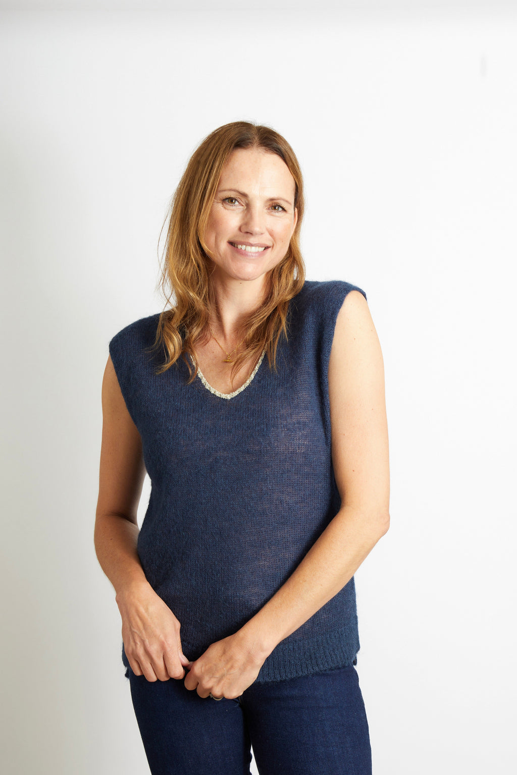 Nancy Knitted V Neck Tank Top with Champagne Sparkle Lurex Trim - Navy Blue