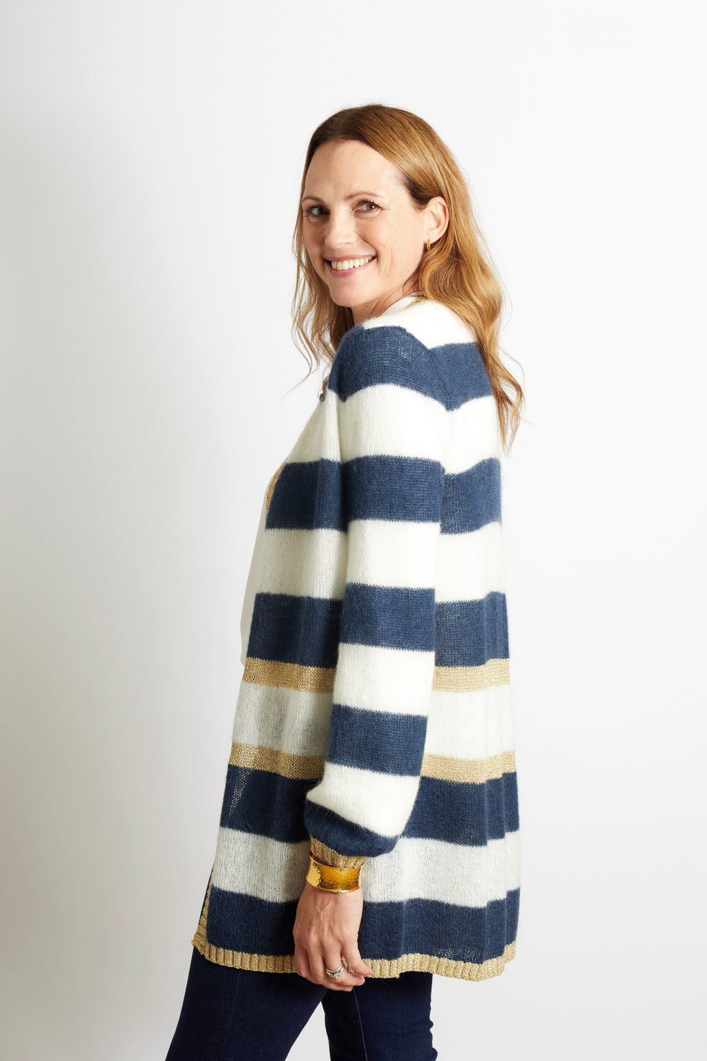 Elizabeth Long Striped Cardigan with Lurex Trim