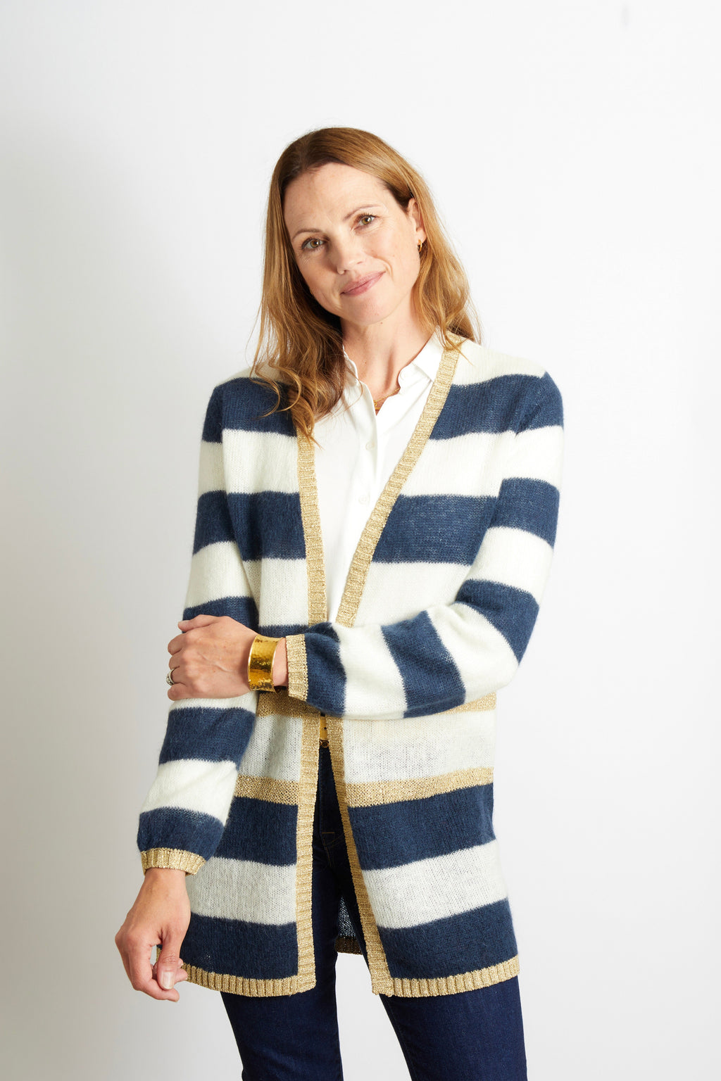 Elizabeth Long Striped Cardigan with Lurex Trim