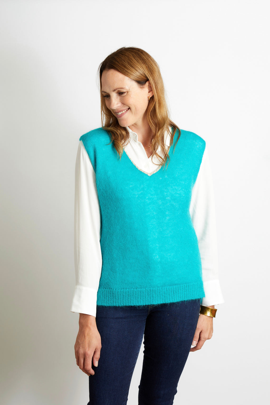 Nancy Knitted V Neck Tank Top with Champagne Sparkle Lurex Trim - Navy Blue