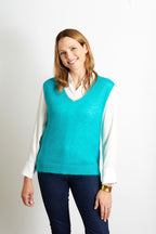 Nancy Knitted V Neck Tank Top with Champagne Sparkle Lurex Trim - Navy Blue