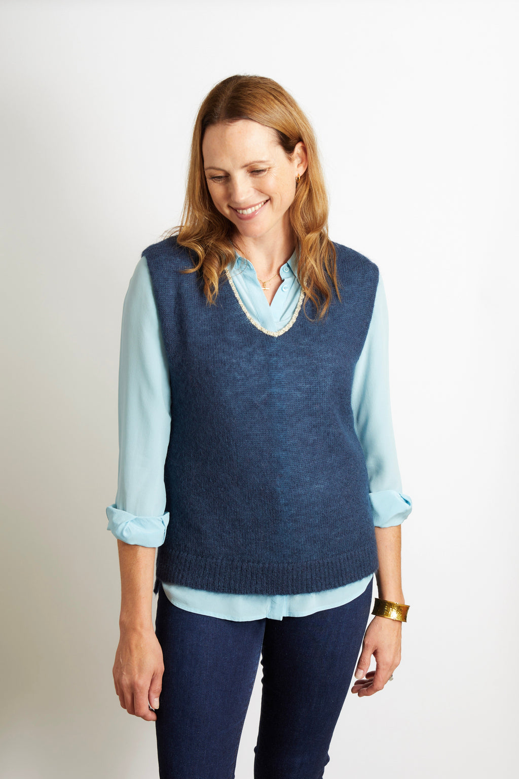 Nancy Knitted V Neck Tank Top with Champagne Sparkle Lurex Trim - Navy Blue