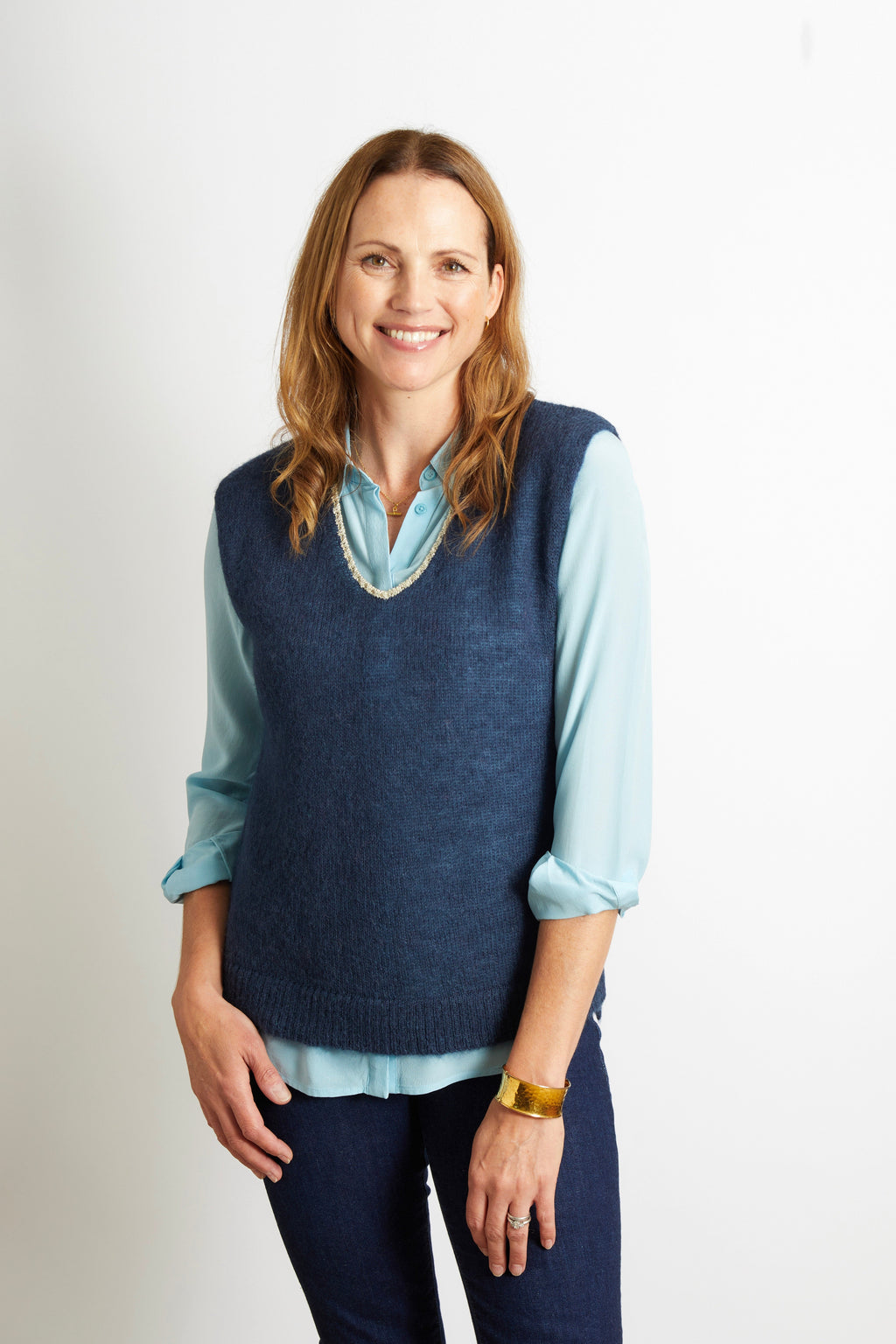 Nancy Knitted V Neck Tank Top with Champagne Sparkle Lurex Trim - Navy Blue