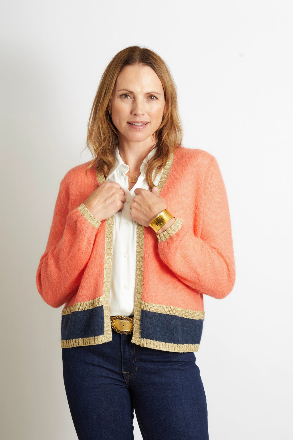Sophie Cardigan with Gold Sparkle Lurex Trim - Olive Green with Cerise Pink Stripe
