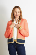 Sophie Cardigan with Gold Sparkle Lurex Trim - Olive Green with Cerise Pink Stripe