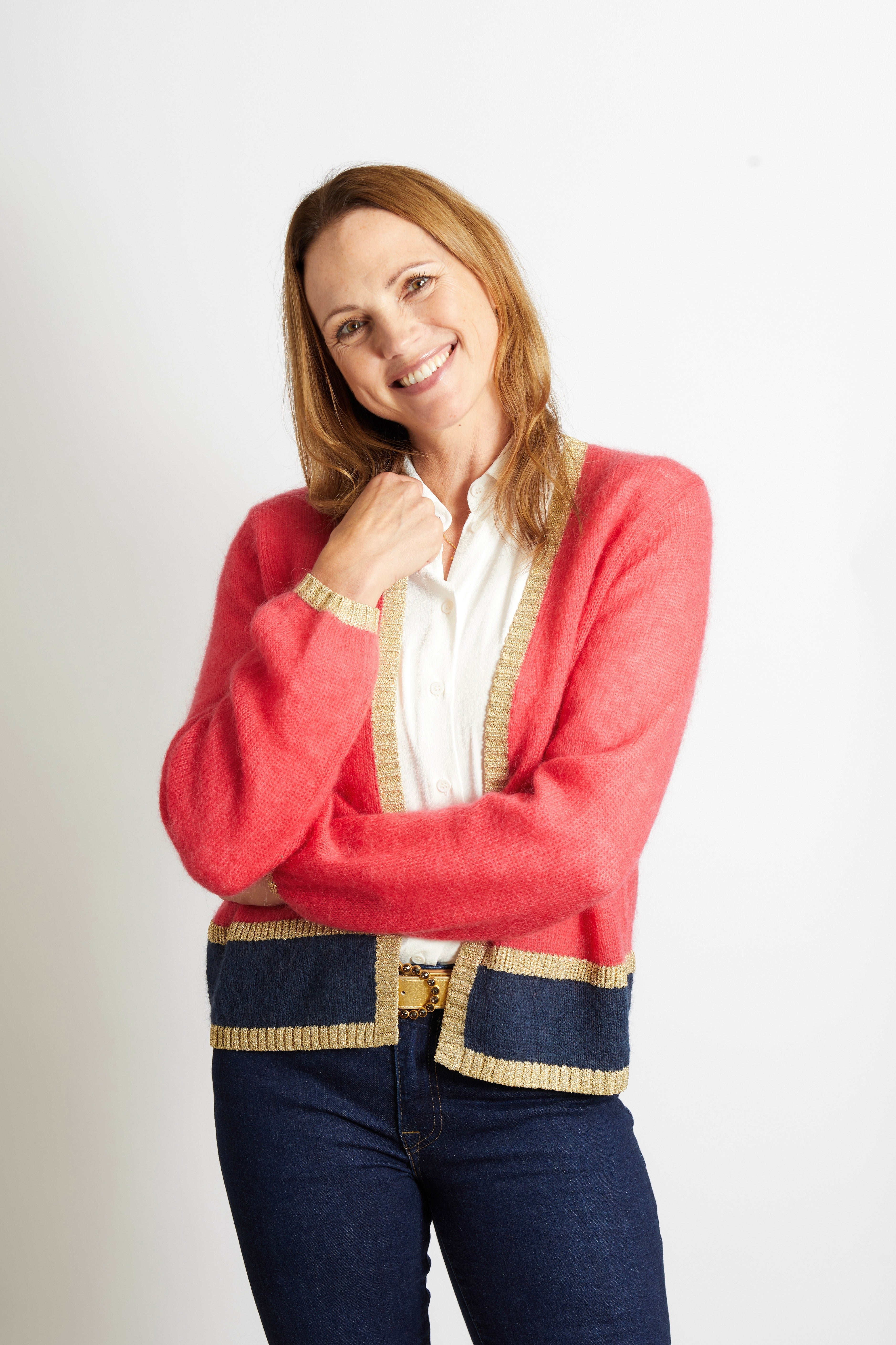 Sophie Cardigan with Gold Sparkle Lurex Trim - Olive Green with Cerise Pink Stripe