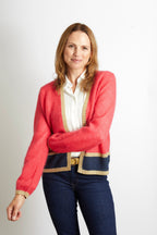 Sophie Cardigan with Gold Sparkle Lurex Trim - Olive Green with Cerise Pink Stripe