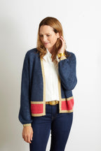 Sophie Cardigan with Gold Sparkle Lurex Trim - Olive Green with Cerise Pink Stripe