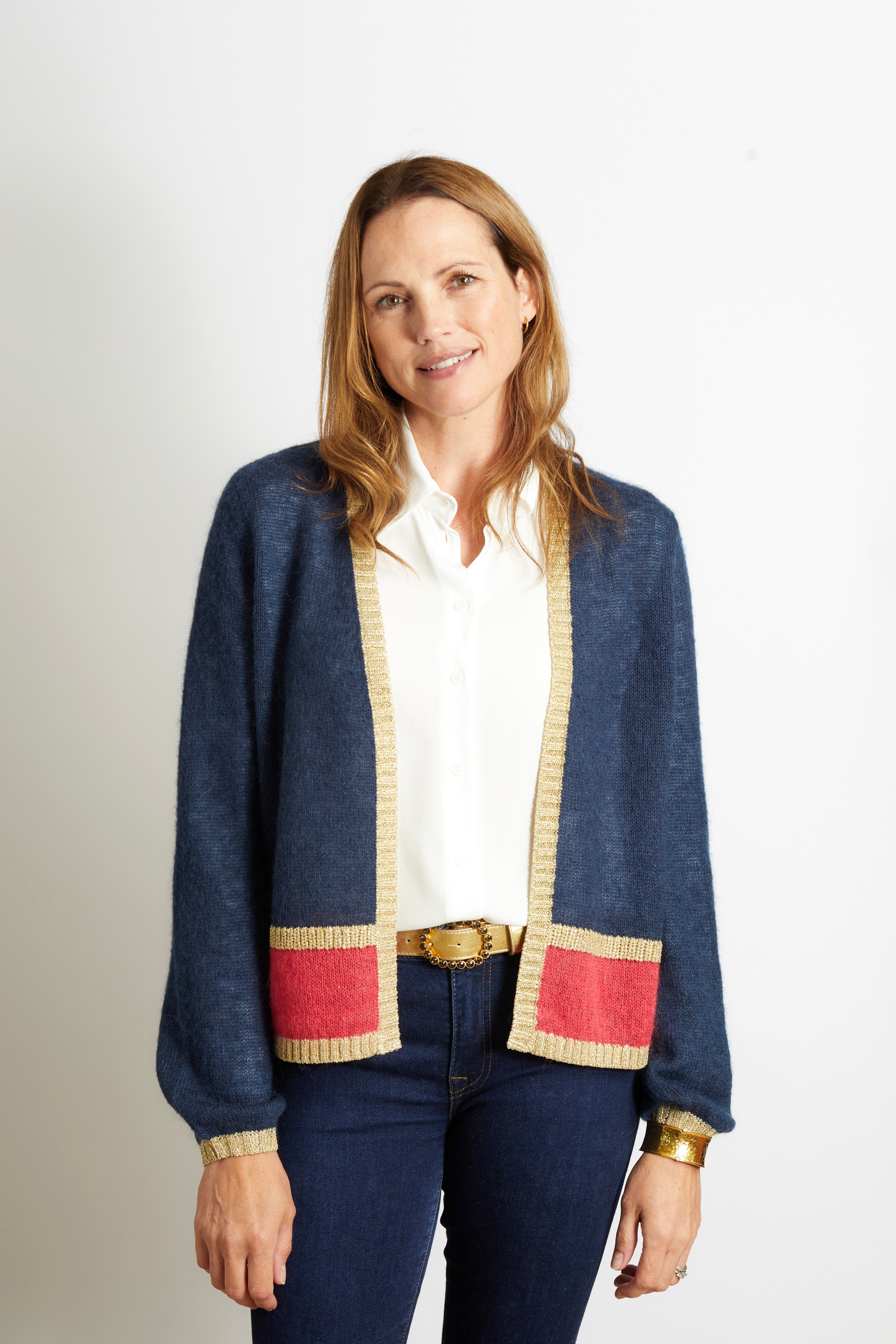 Sophie Cardigan with Gold Sparkle Lurex Trim - Olive Green with Cerise Pink Stripe