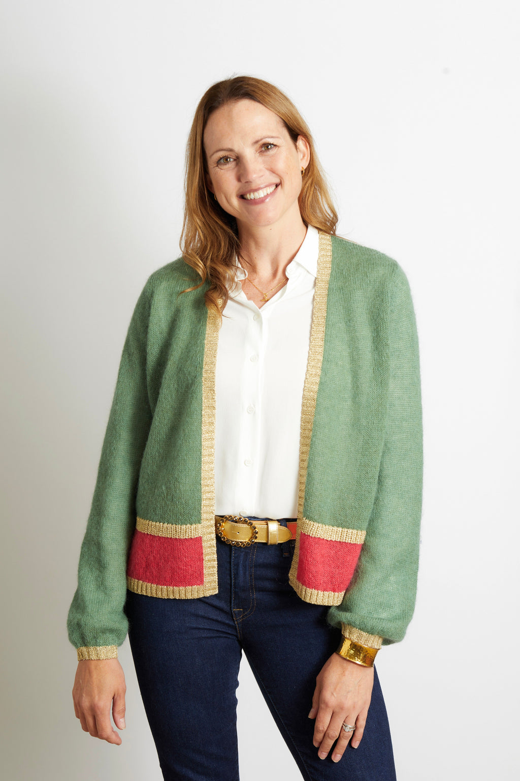 Sophie Cardigan with Gold Sparkle Lurex Trim - Olive Green with Cerise Pink Stripe