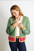 Sophie Cardigan with Gold Sparkle Lurex Trim - Olive Green with Cerise Pink Stripe