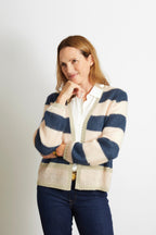Sophie Cardigan with Gold Sparkle Lurex Trim - Olive Green with Cerise Pink Stripe