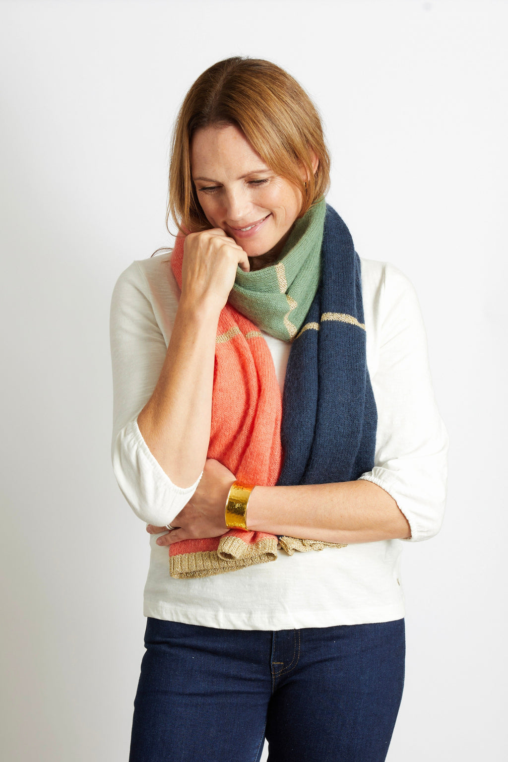 Olivier Colour Block Scarf with Champagne Lurex Trim - Blush, Navy and Green