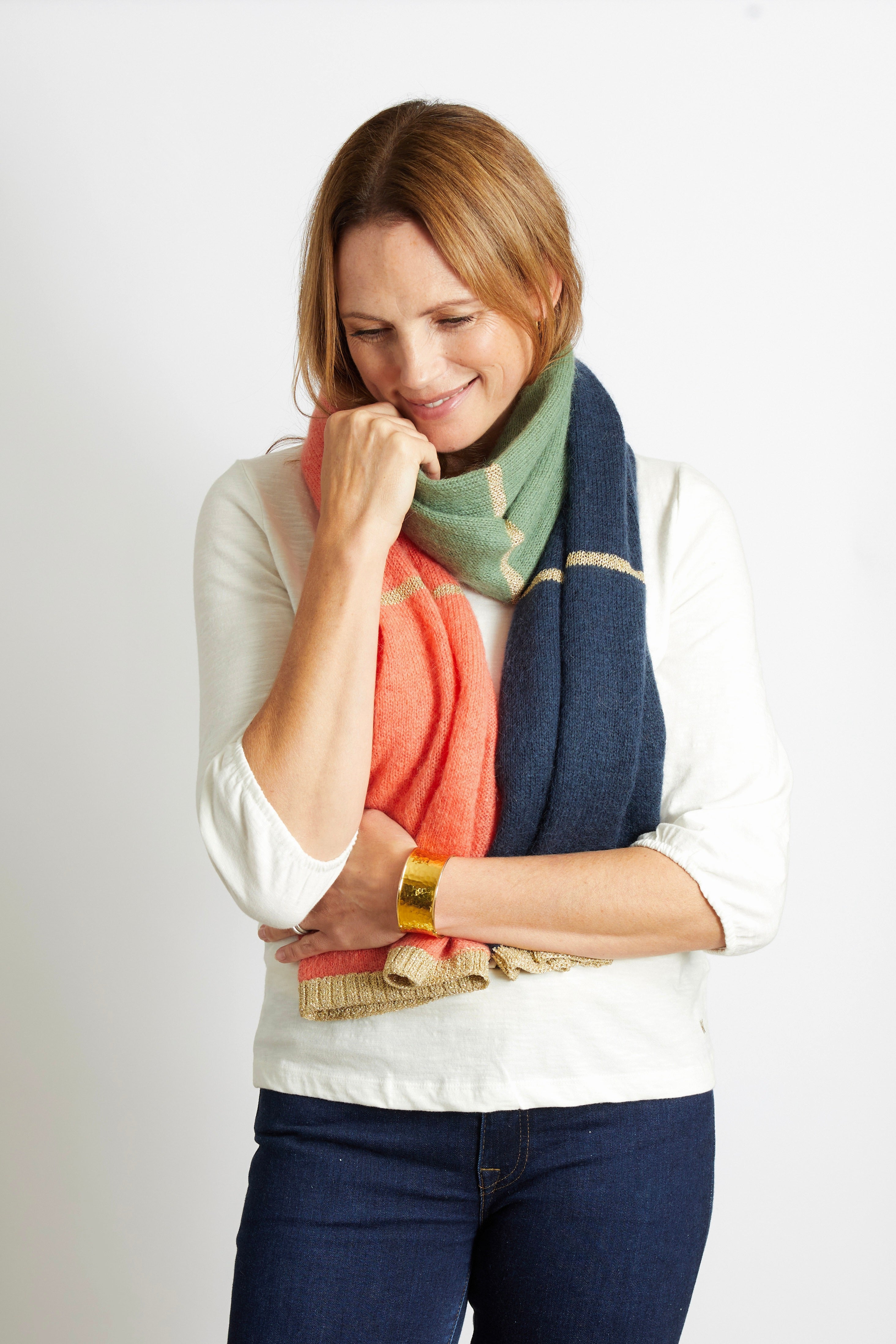 Olivier Colour Block Scarf with Champagne Lurex Trim - Blush, Navy and Green