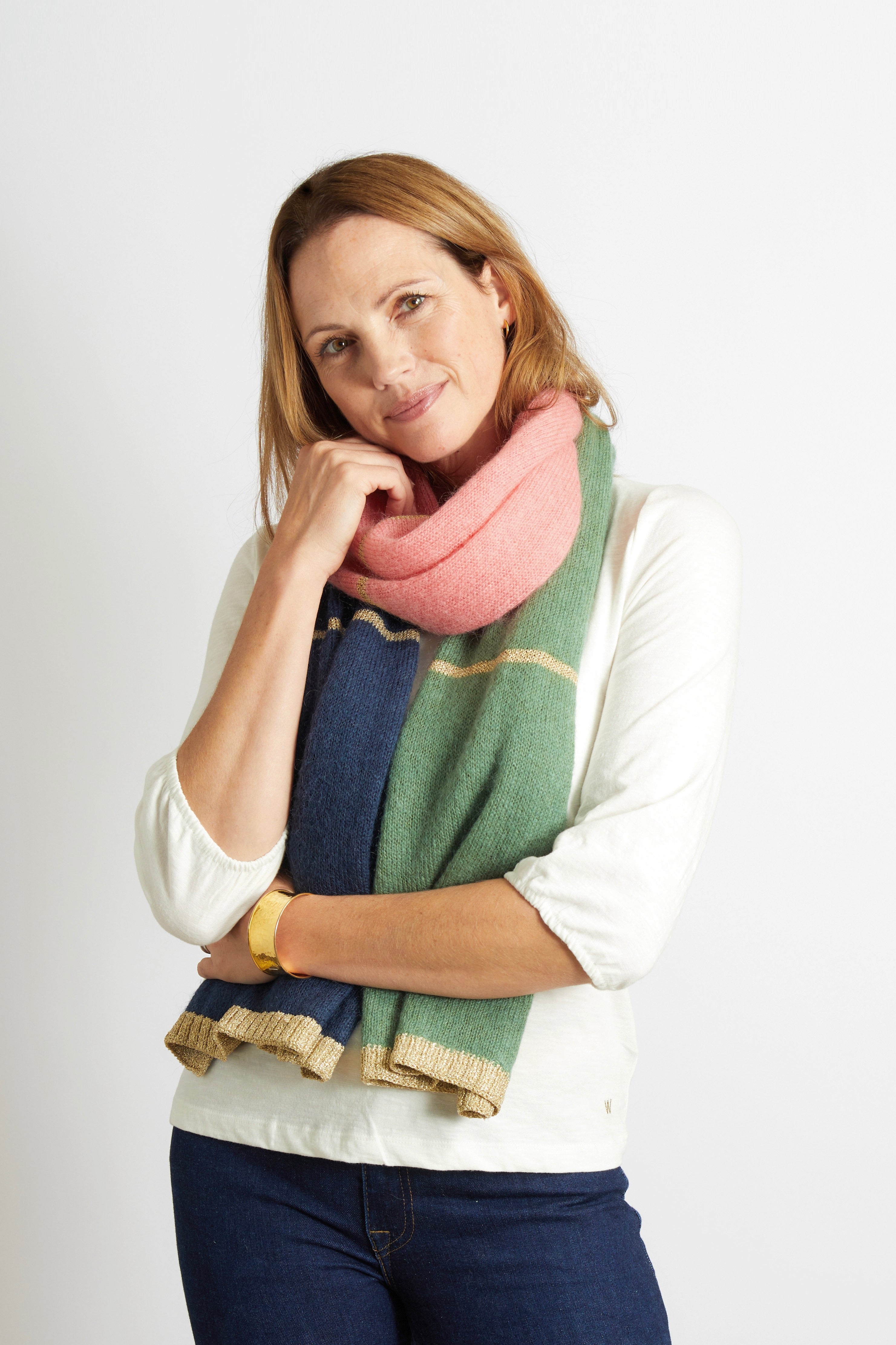 Olivier Colour Block Scarf with Champagne Lurex Trim - Blush, Navy and Green