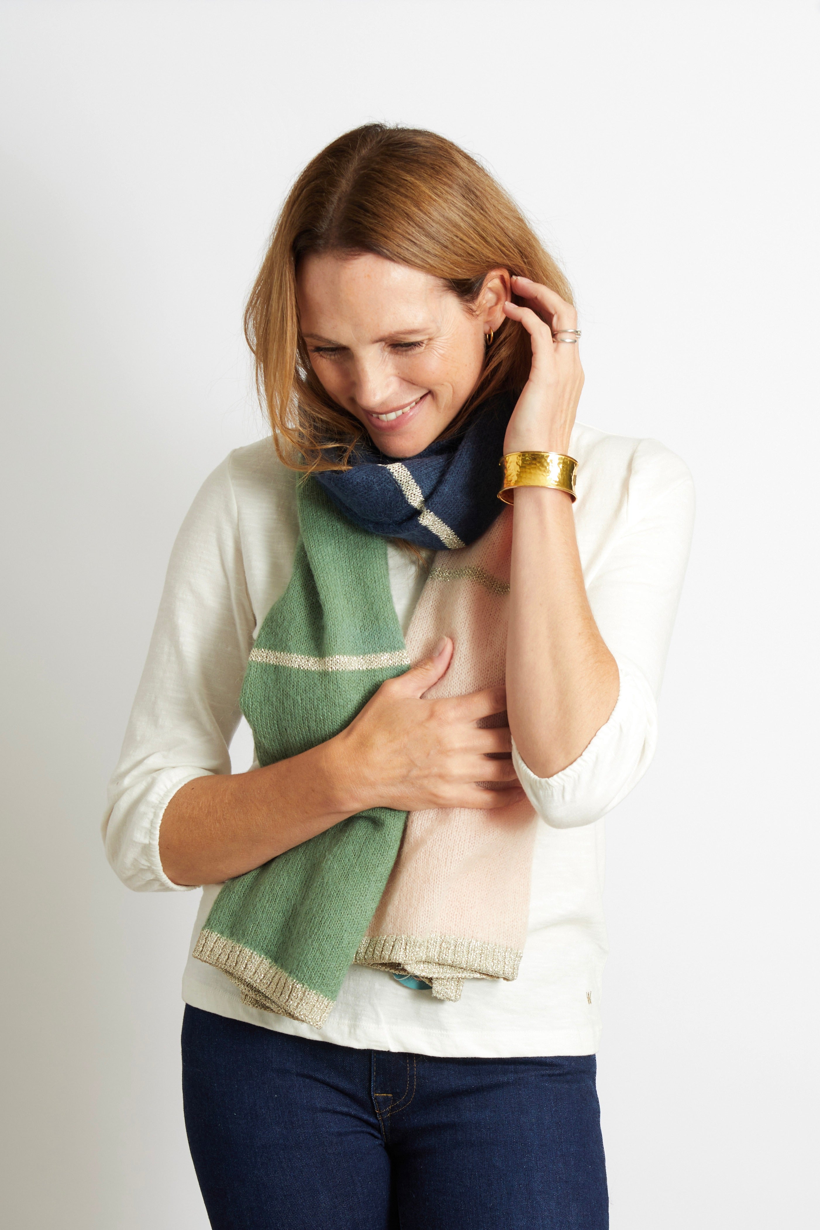 Olivier Colour Block Scarf with Champagne Lurex Trim - Blush, Navy and Green