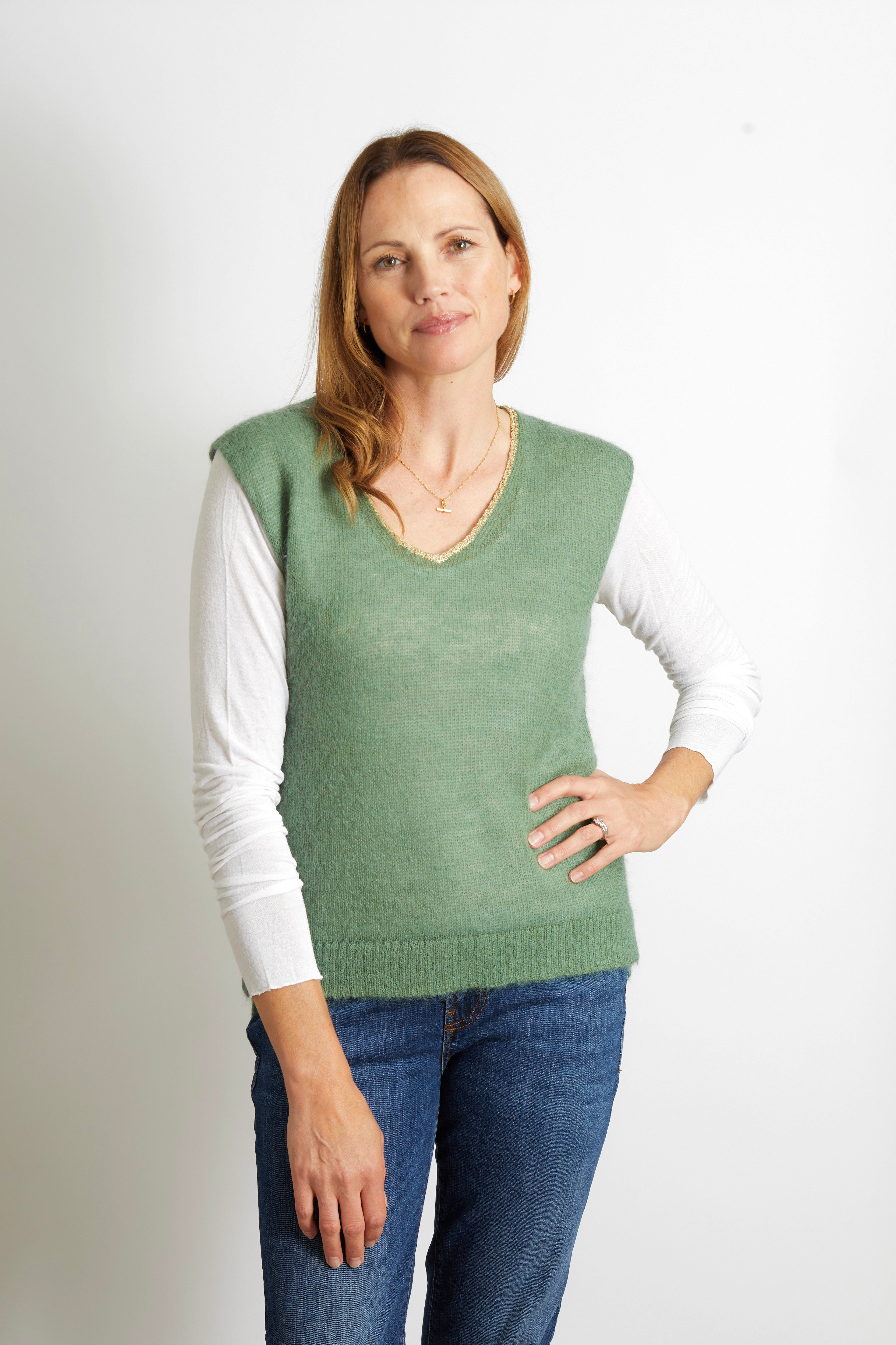 Nancy Knitted V Neck Tank Top with Champagne Sparkle Lurex Trim - Navy Blue