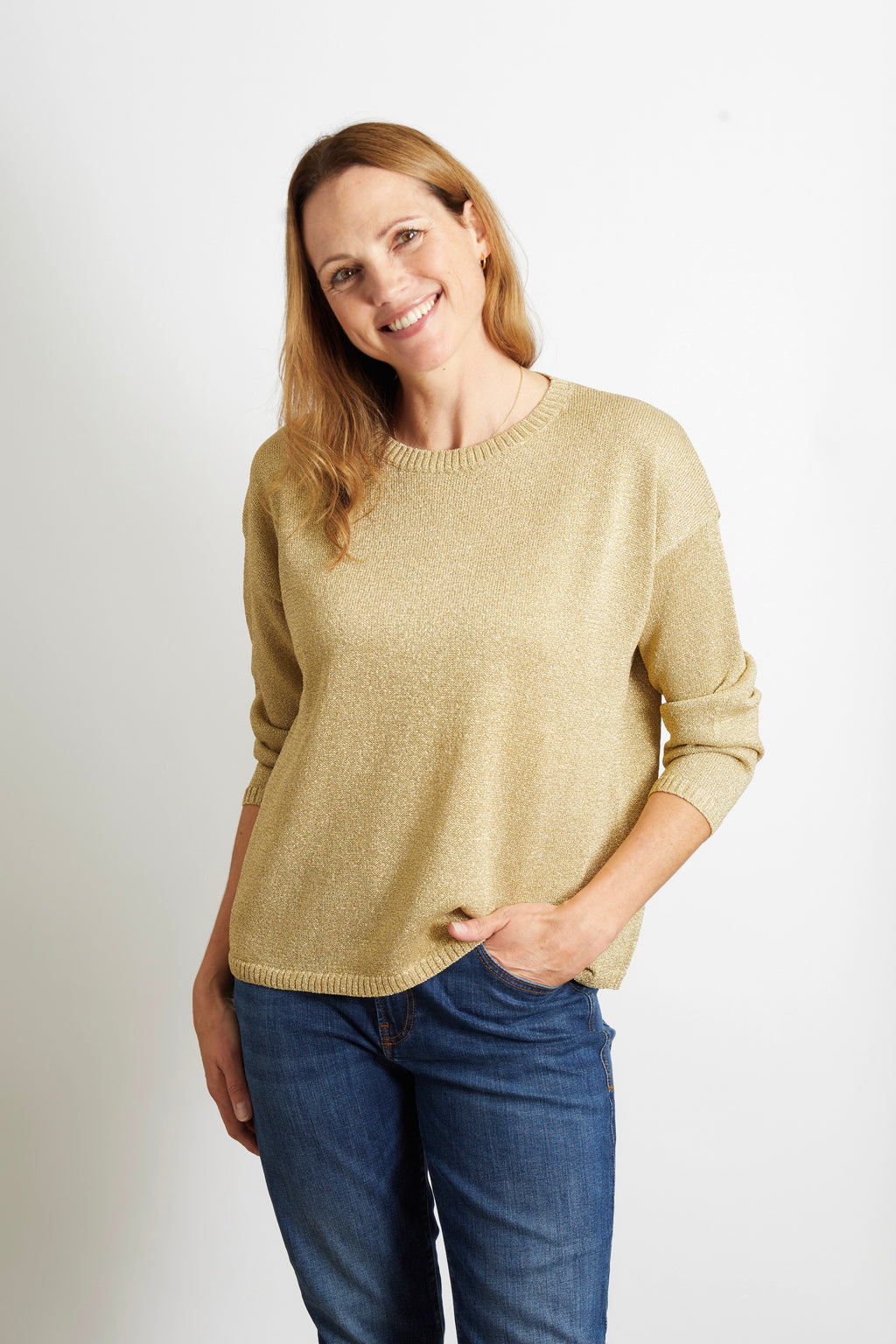 Jane Shimmering Lurex Long Sleeve Top in Gold