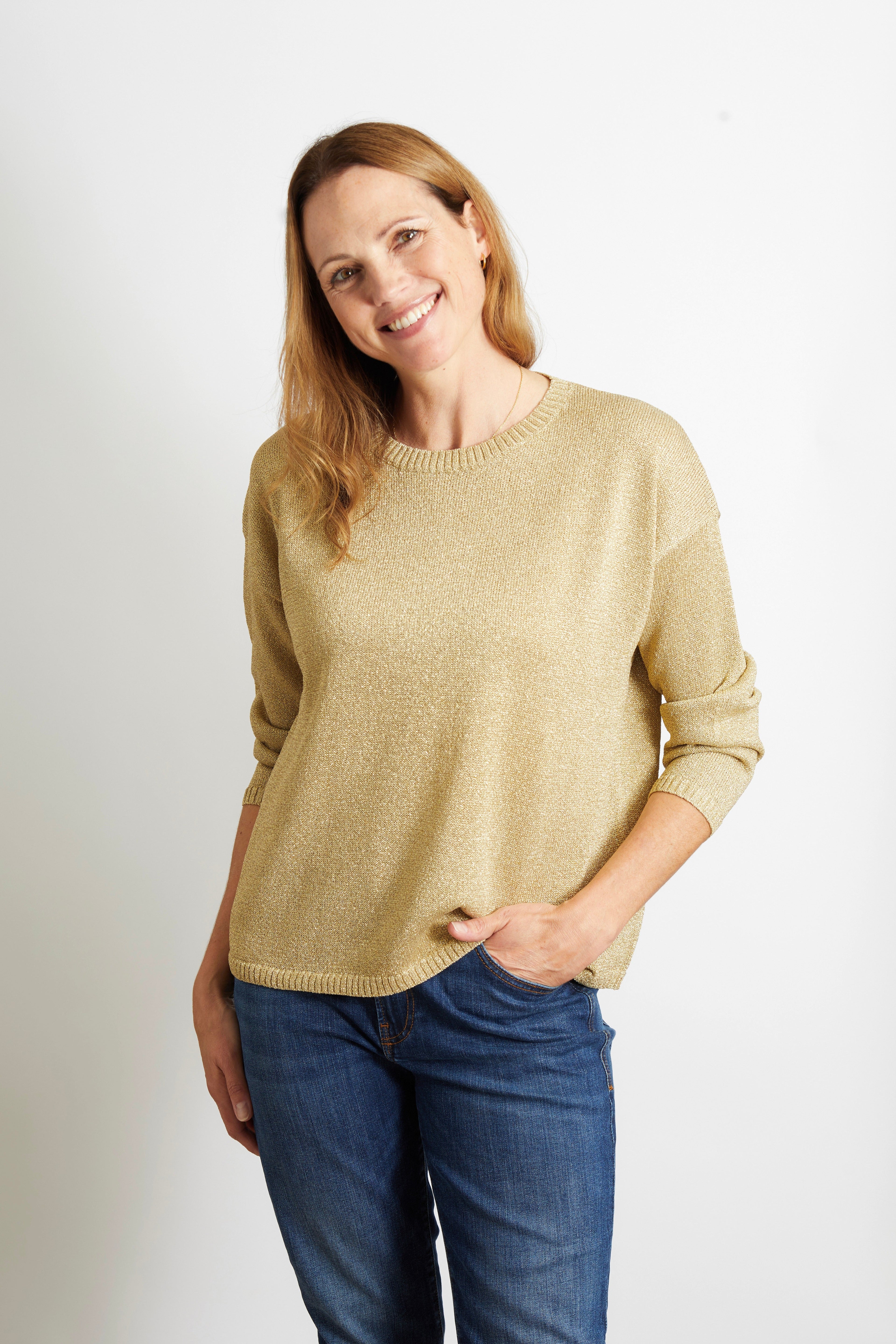 Jane Shimmering Lurex Long Sleeve Top in Gold