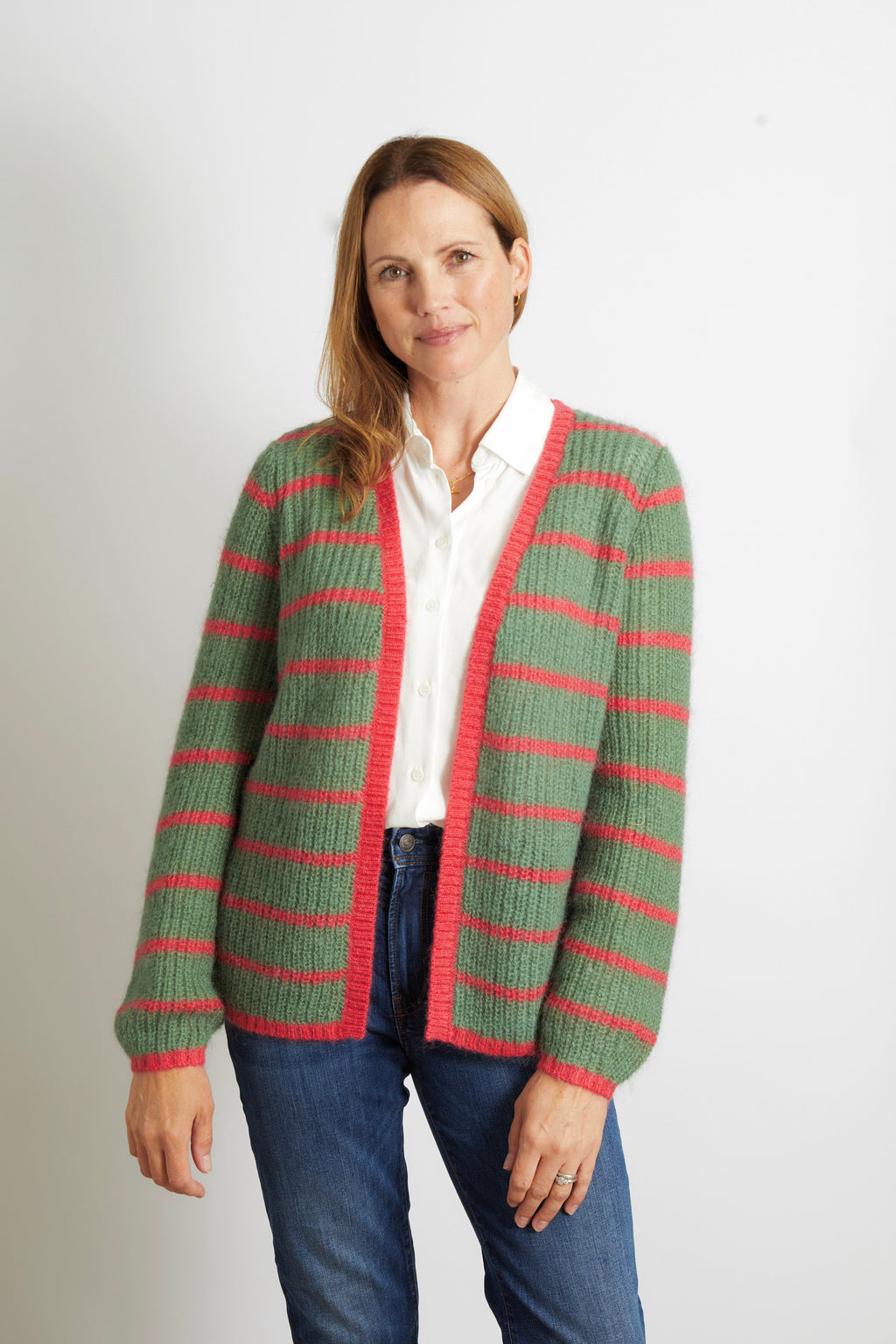 Lizzy Striped Chunky Knitted Cardigan - Olive Green with Pink Stripe