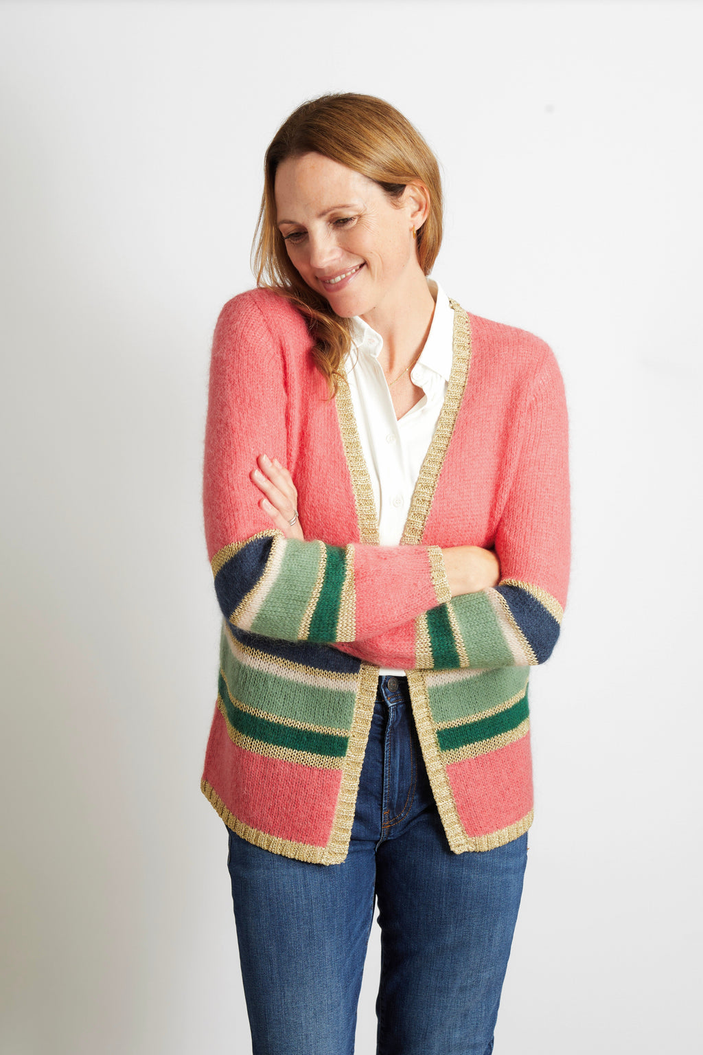 Emily Colourful Striped Cardigan with Gold Lurex Trim - Pink