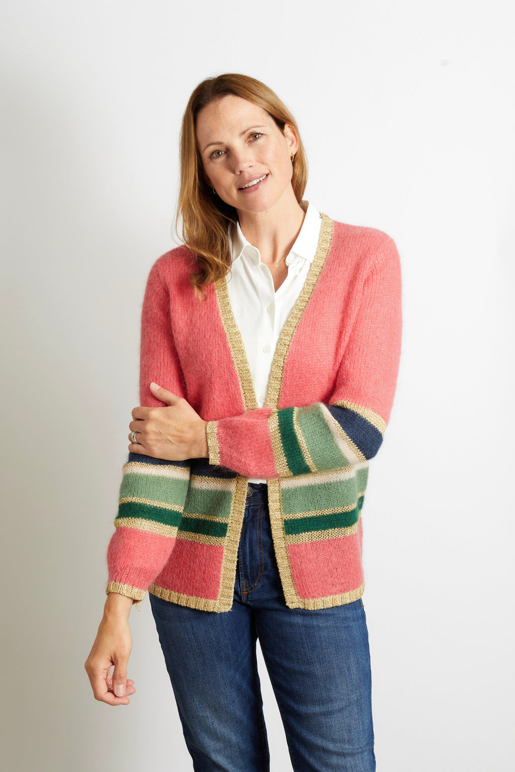Emily Colourful Striped Cardigan with Gold Lurex Trim - Pink