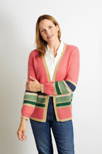 Emily Colourful Striped Cardigan with Gold Lurex Trim - Pink