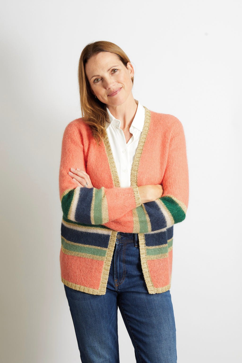 Emily Colourful Striped Cardigan with Gold Lurex Trim - Pink