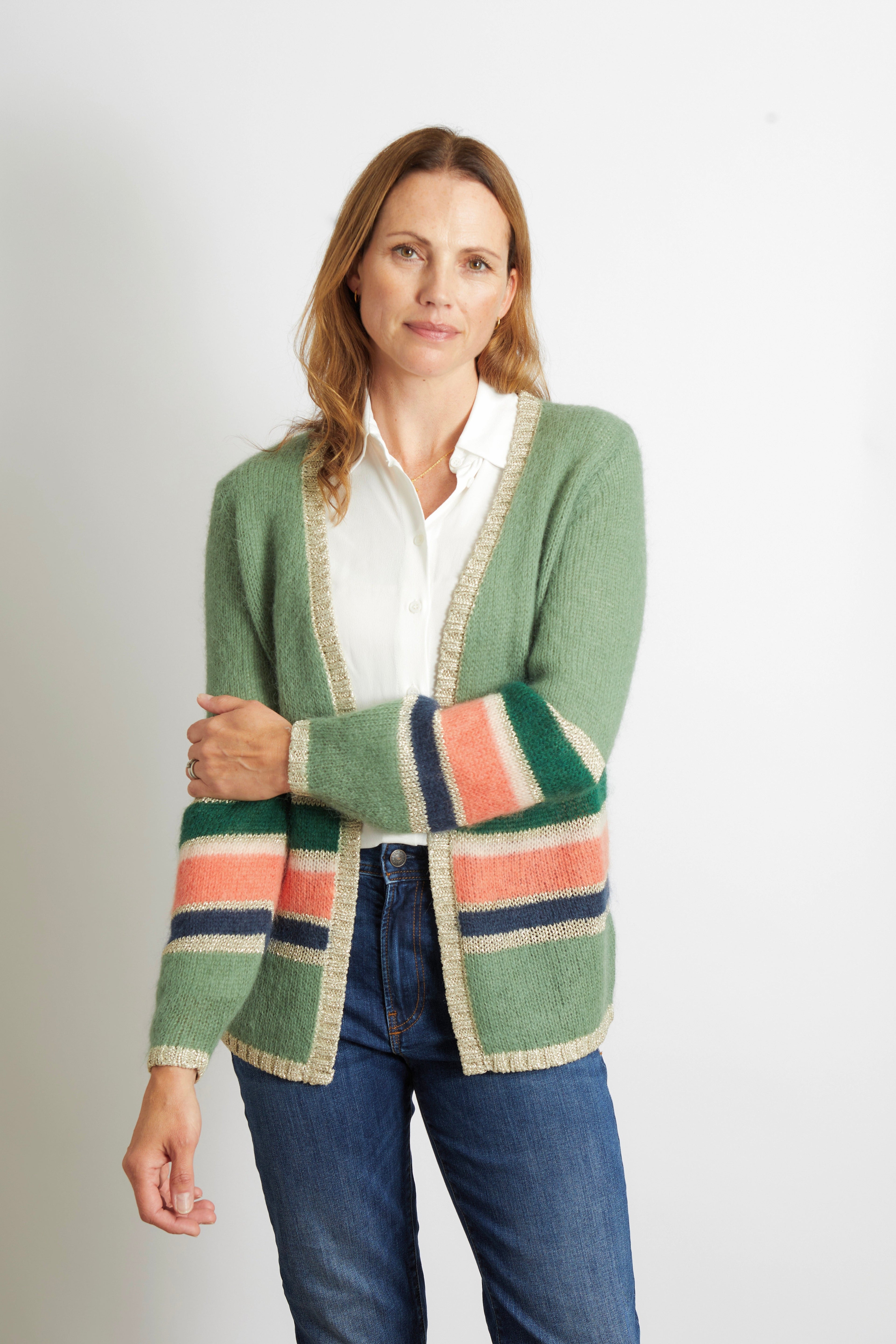 Emily Colourful Striped Cardigan with Gold Lurex Trim - Pink