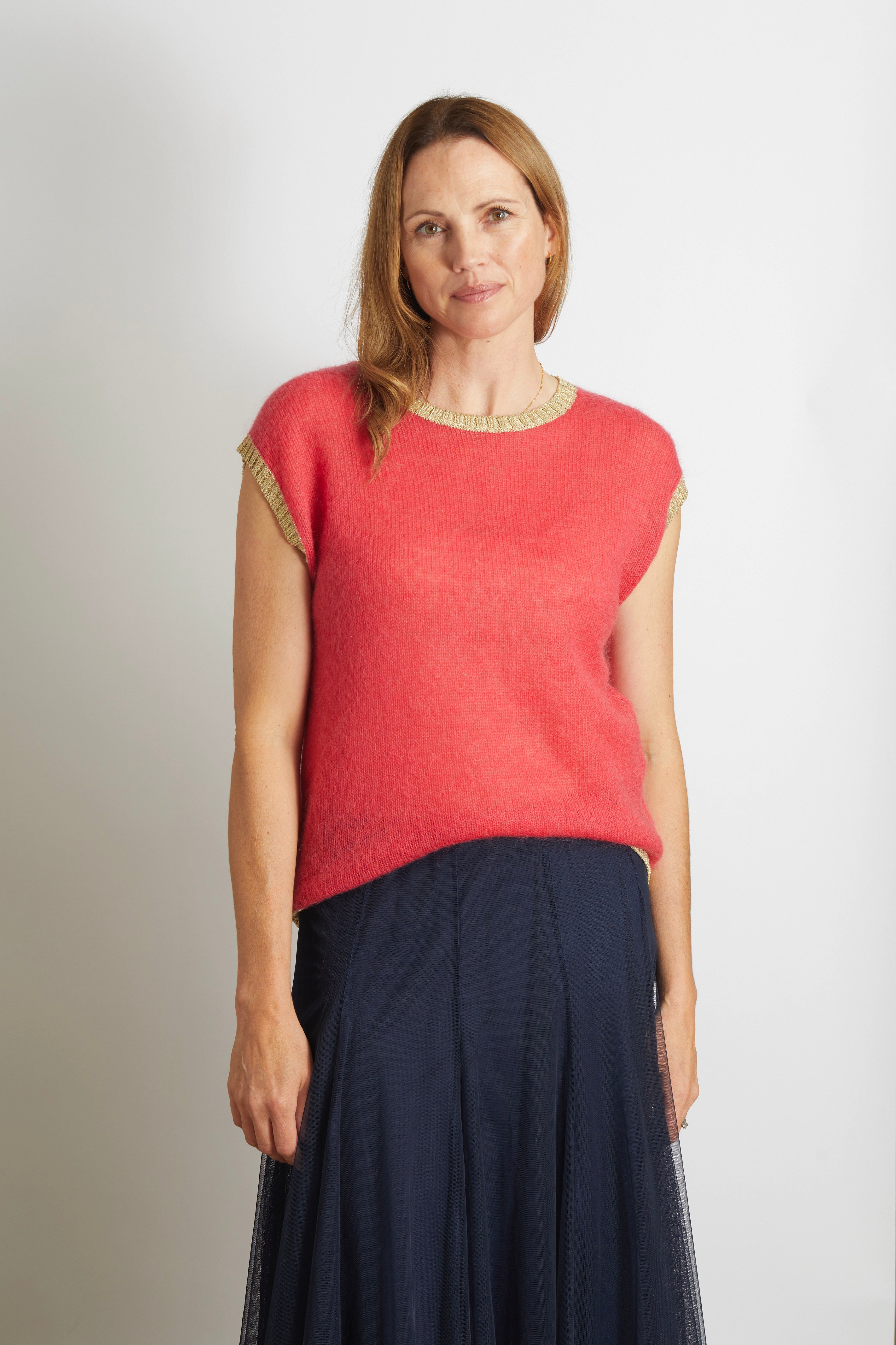Rosie Knitted Tank Top with Gold Sparkle Lurex Trim - Cerise Pink