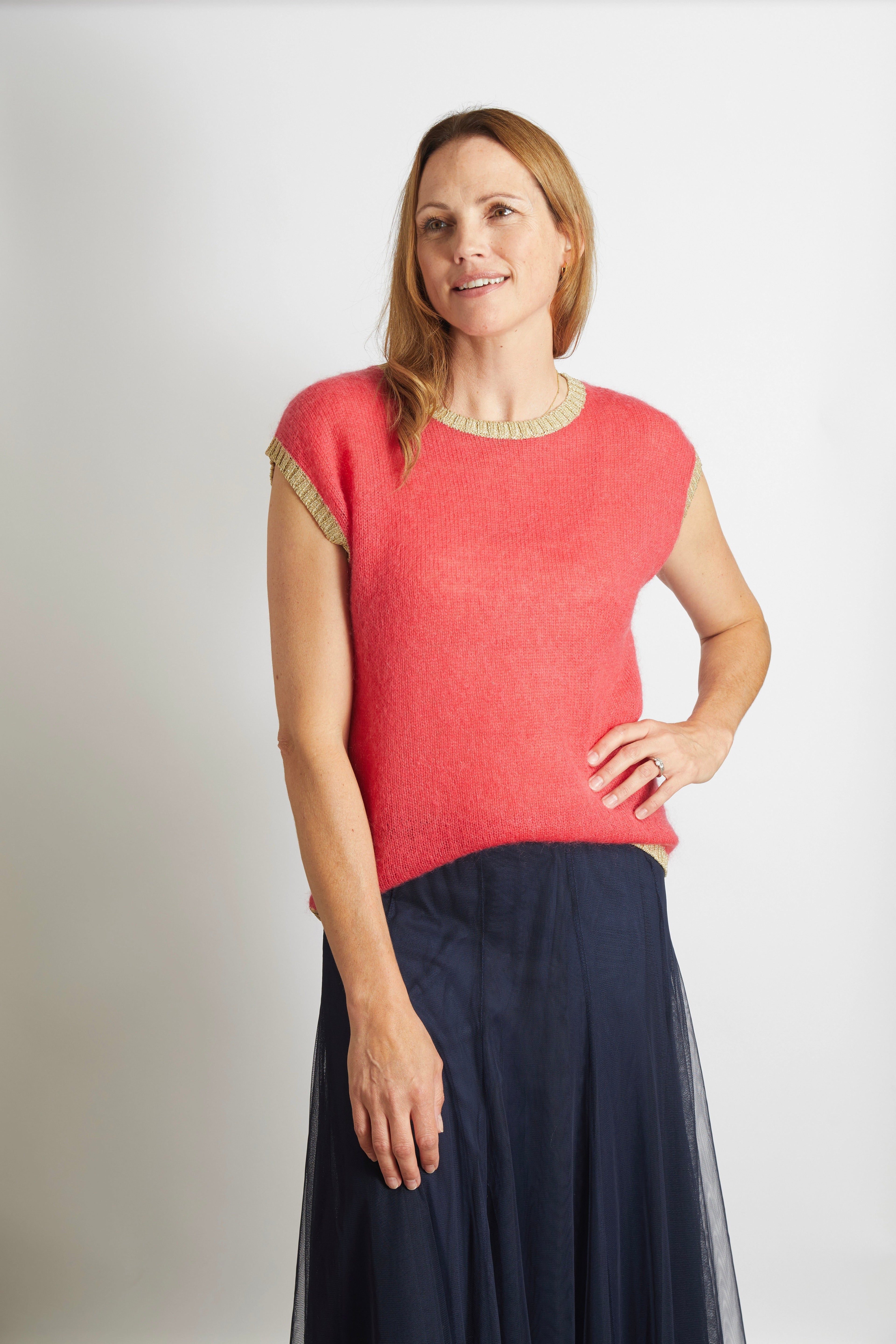 Rosie Knitted Tank Top with Gold Sparkle Lurex Trim - Cerise Pink