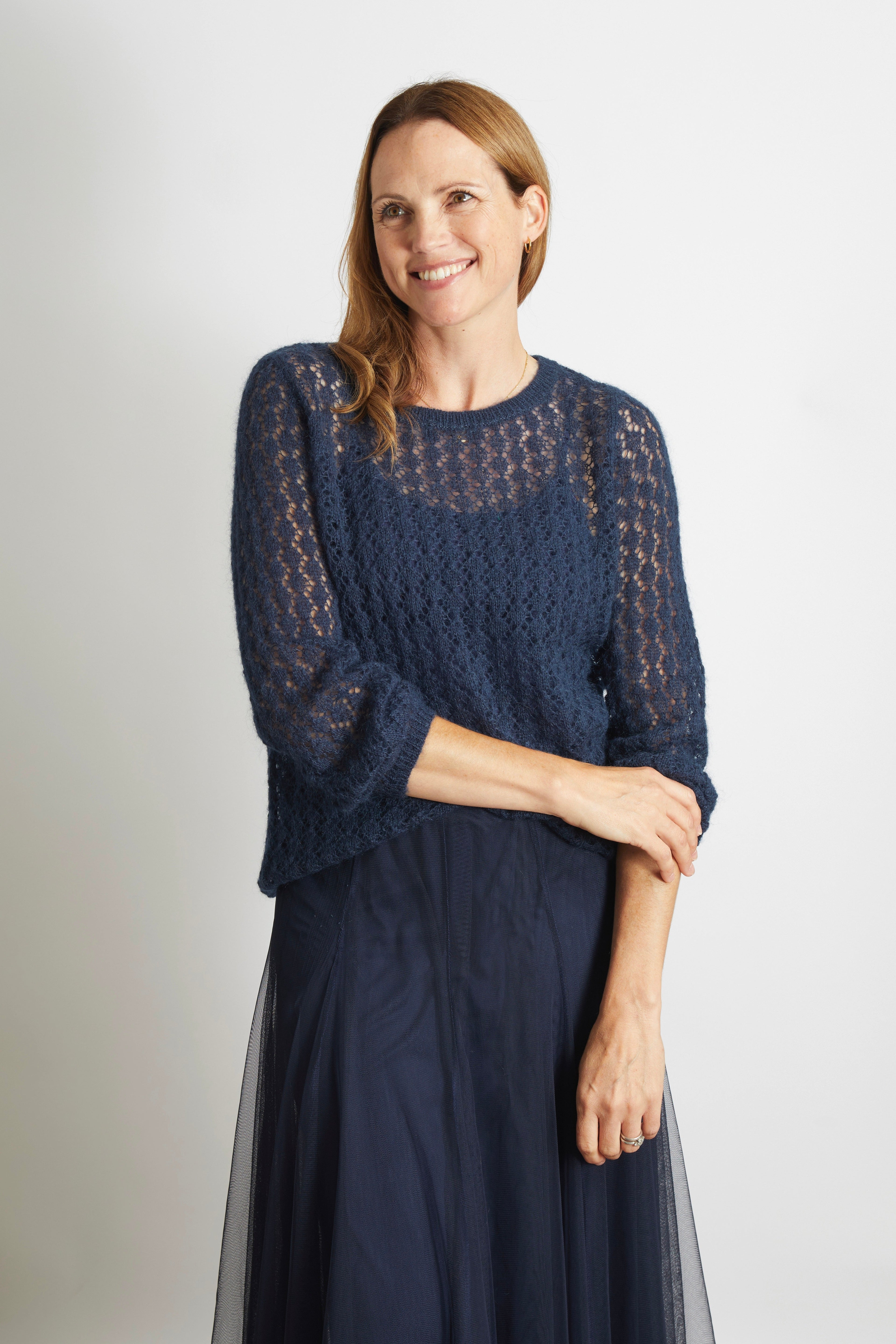 Olivia Pointelle Knit Ladies Jumper with Full Sleeve - Navy Blue