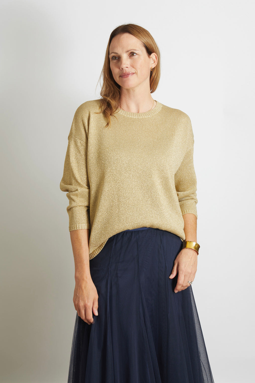 Jane Shimmering Lurex Long Sleeve Top in Gold