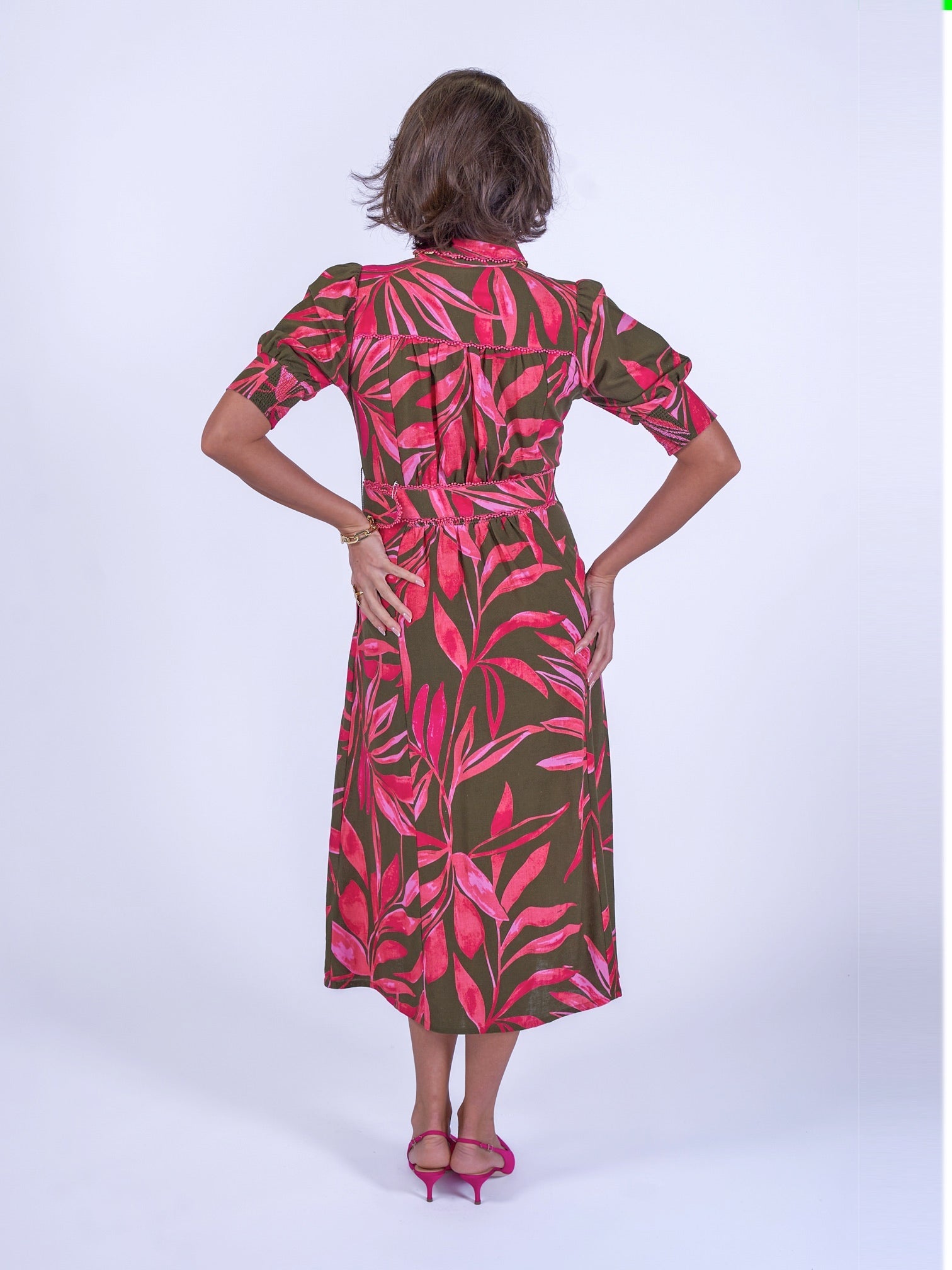 'SYDNEY' DRESS IN KHAKI / PINK PALM