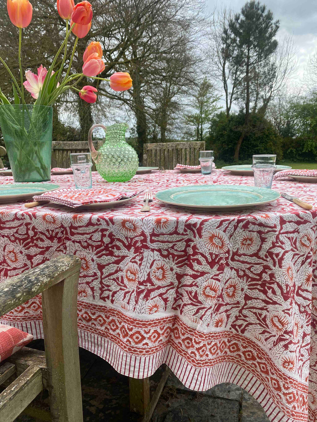 Red, Orange & White Block Printed Cotton Tablecloth