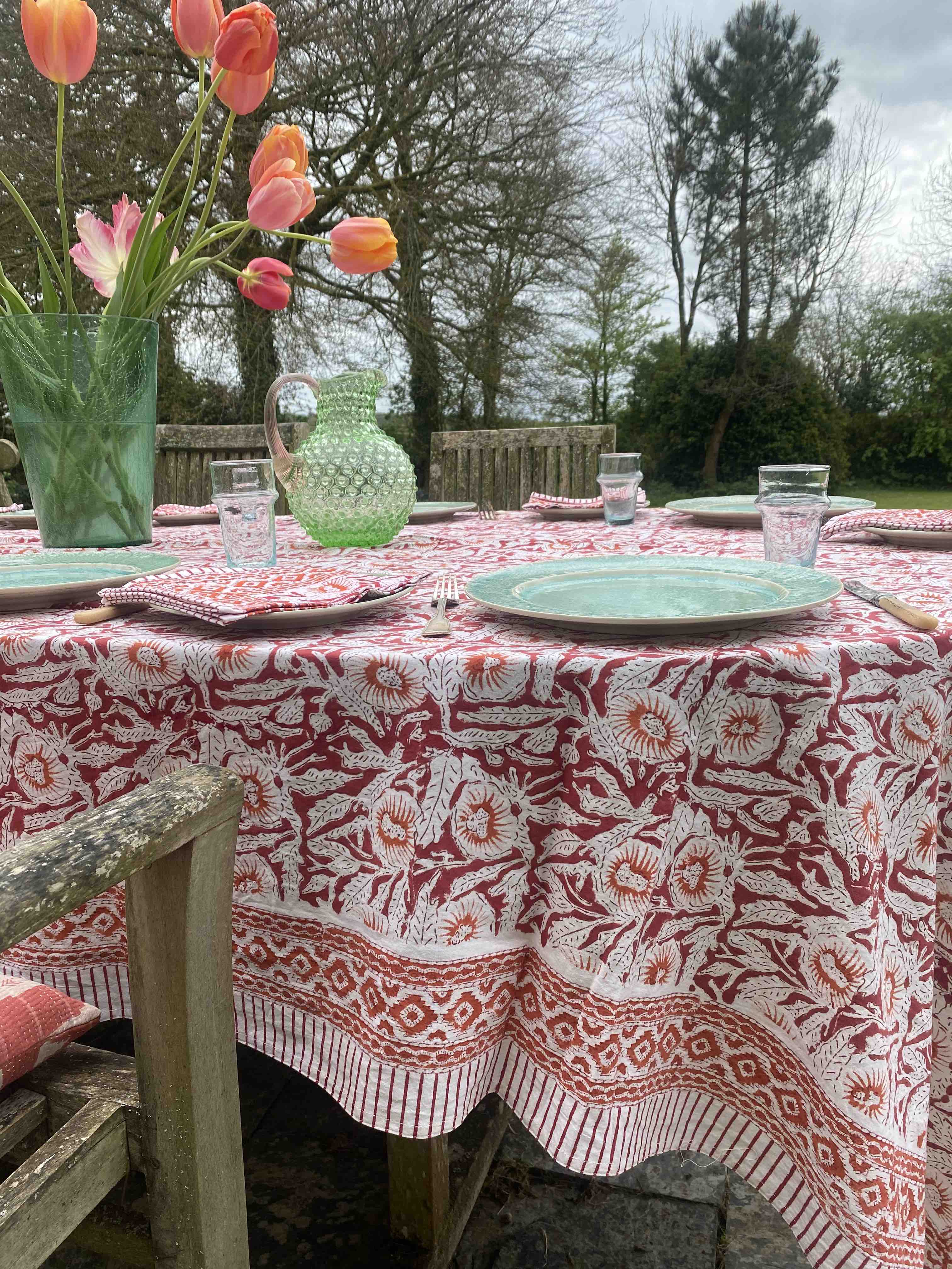 Red, Orange & White Block Printed Cotton Tablecloth
