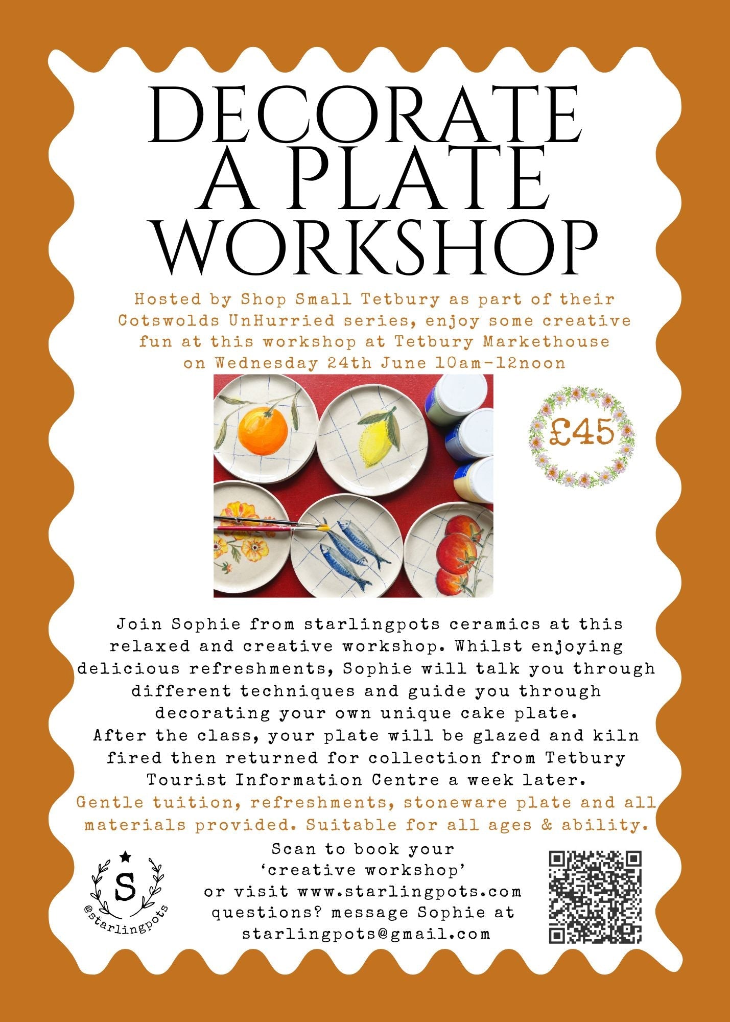Plate decorating ceramics workshop half day at Tetbury Markethouse