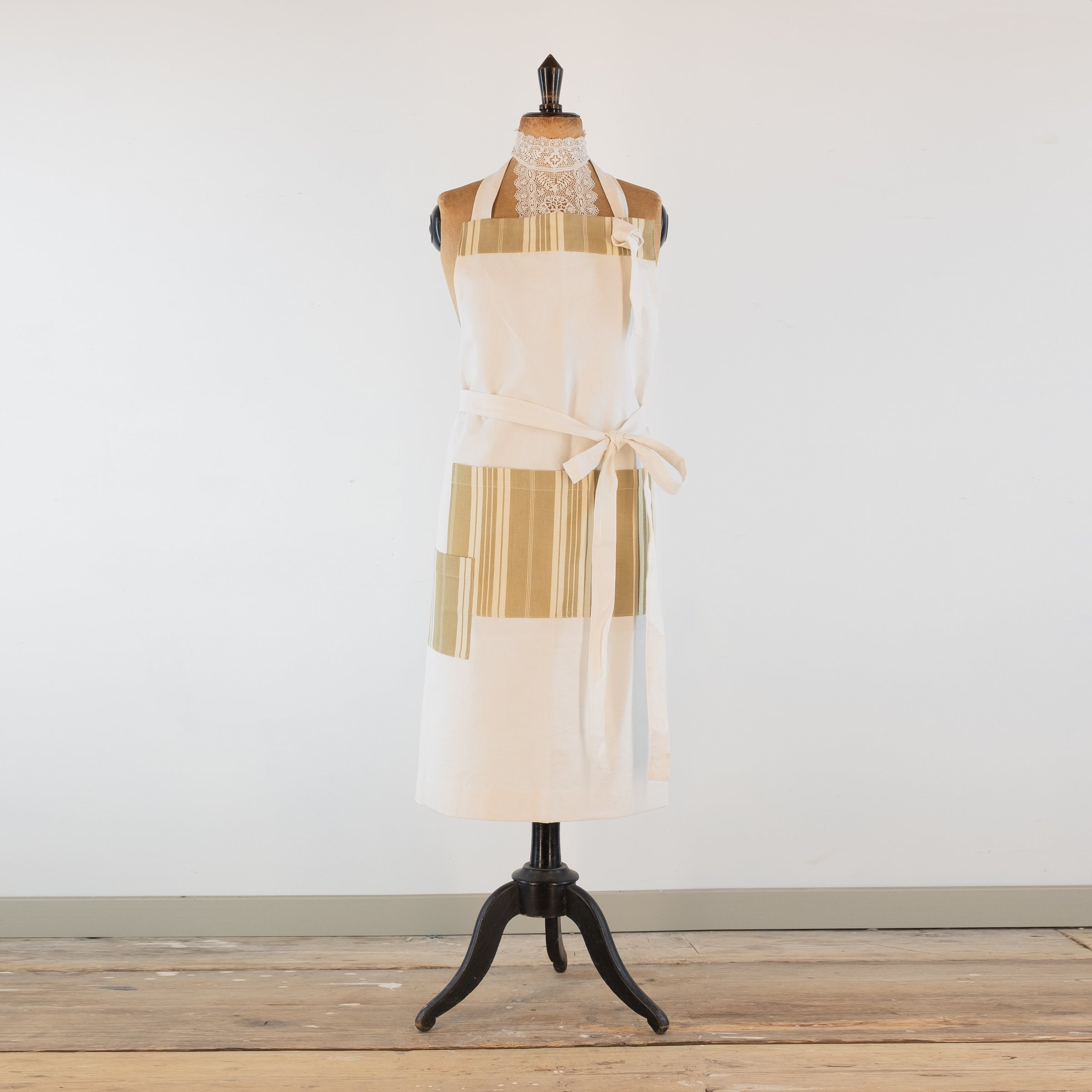 Large Ticking detailed cook's apron, natural vintage French linen