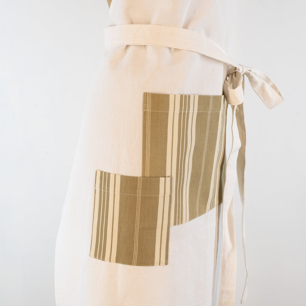 Large Ticking detailed cook's apron, natural vintage French linen