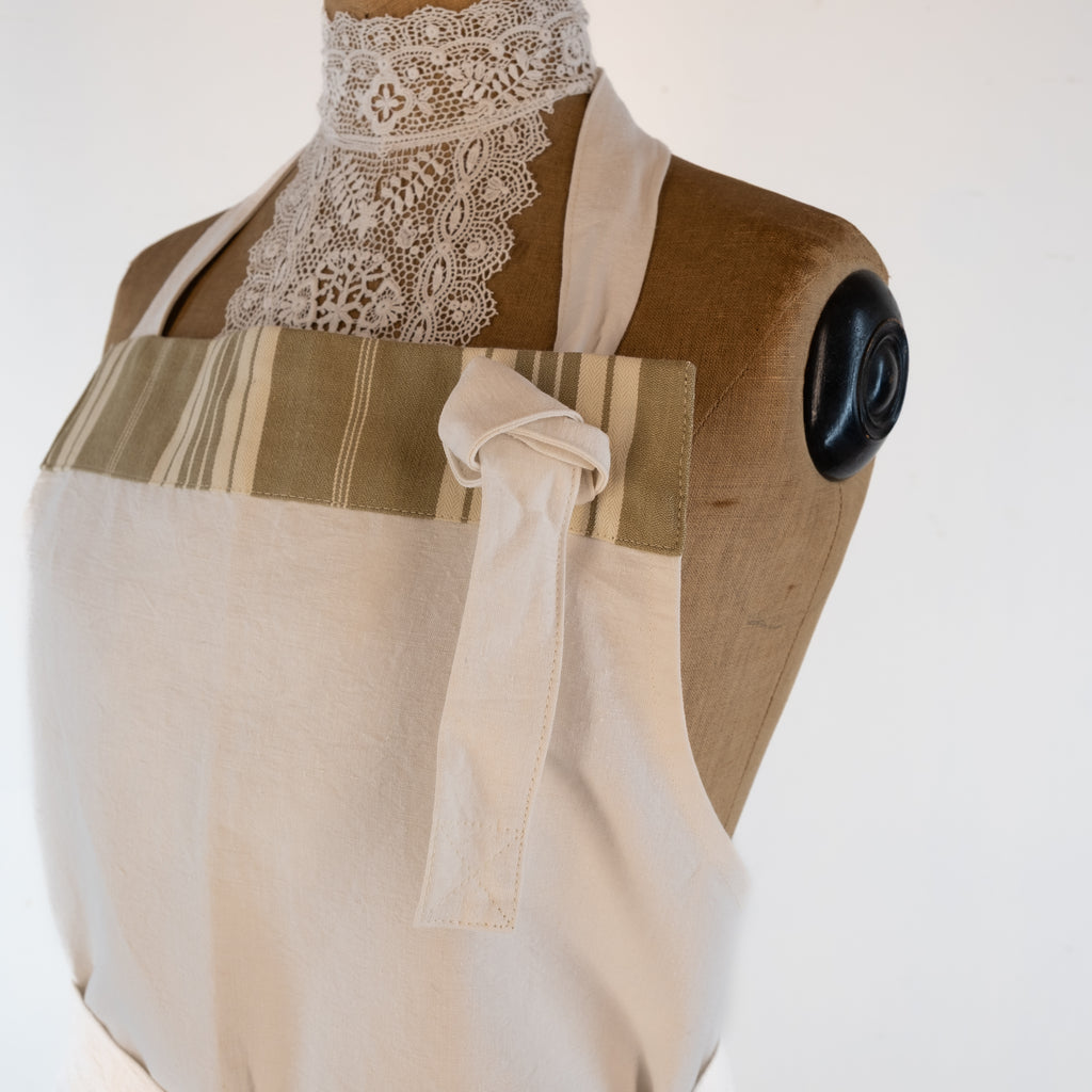 Large Ticking detailed cook's apron, natural vintage French linen