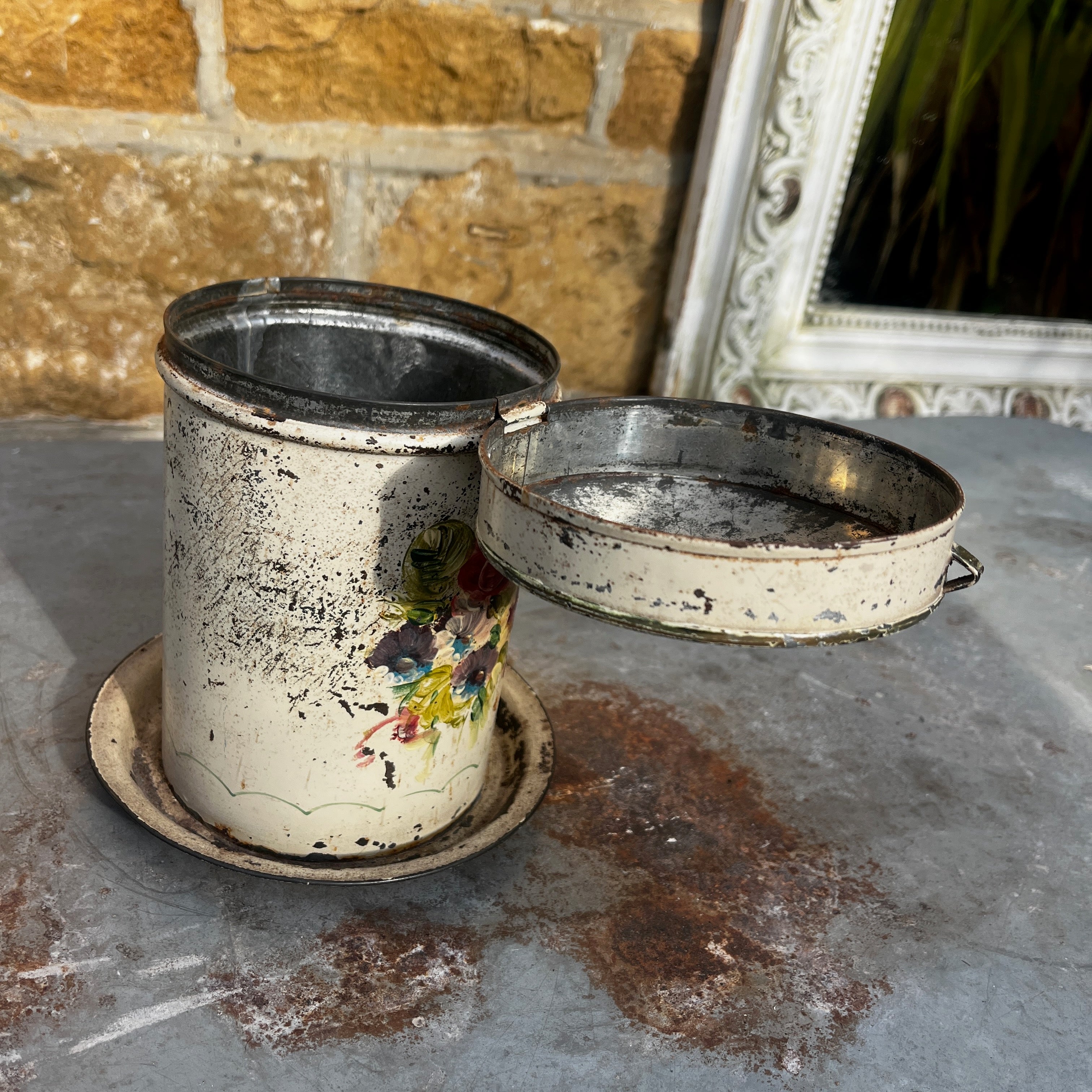 Vintage Hand-Painted French Provincial Floral Kitchen Tin with Lid & Saucer