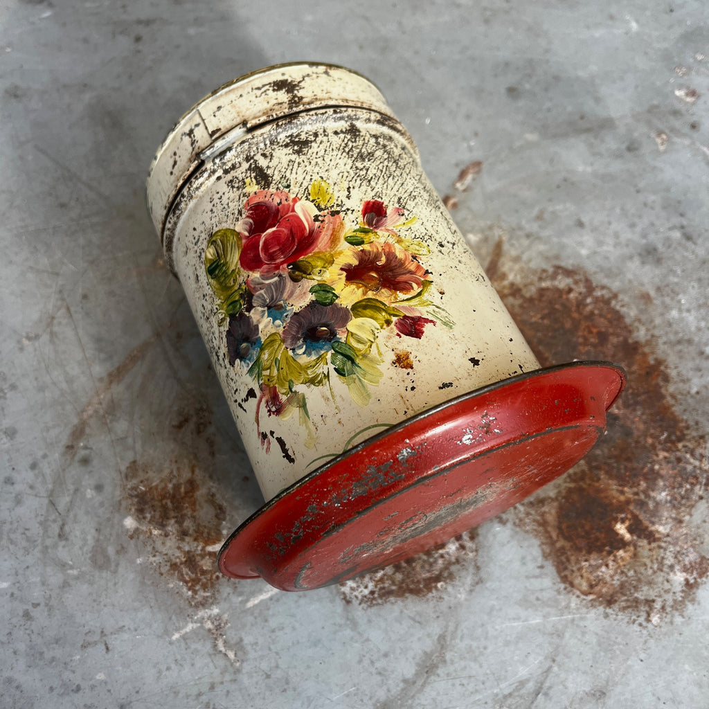Vintage Hand-Painted French Provincial Floral Kitchen Tin with Lid & Saucer