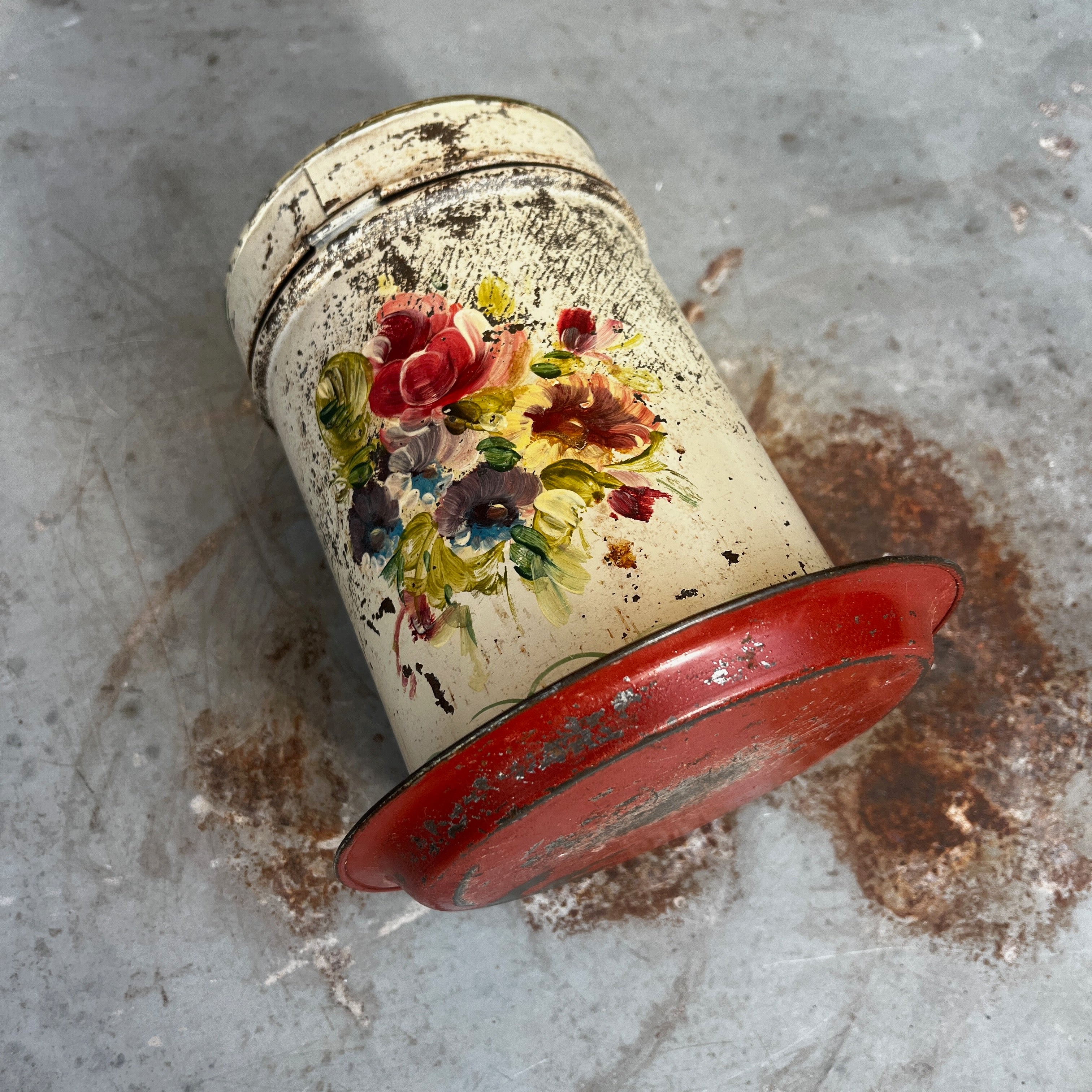 Vintage Hand-Painted French Provincial Floral Kitchen Tin with Lid & Saucer