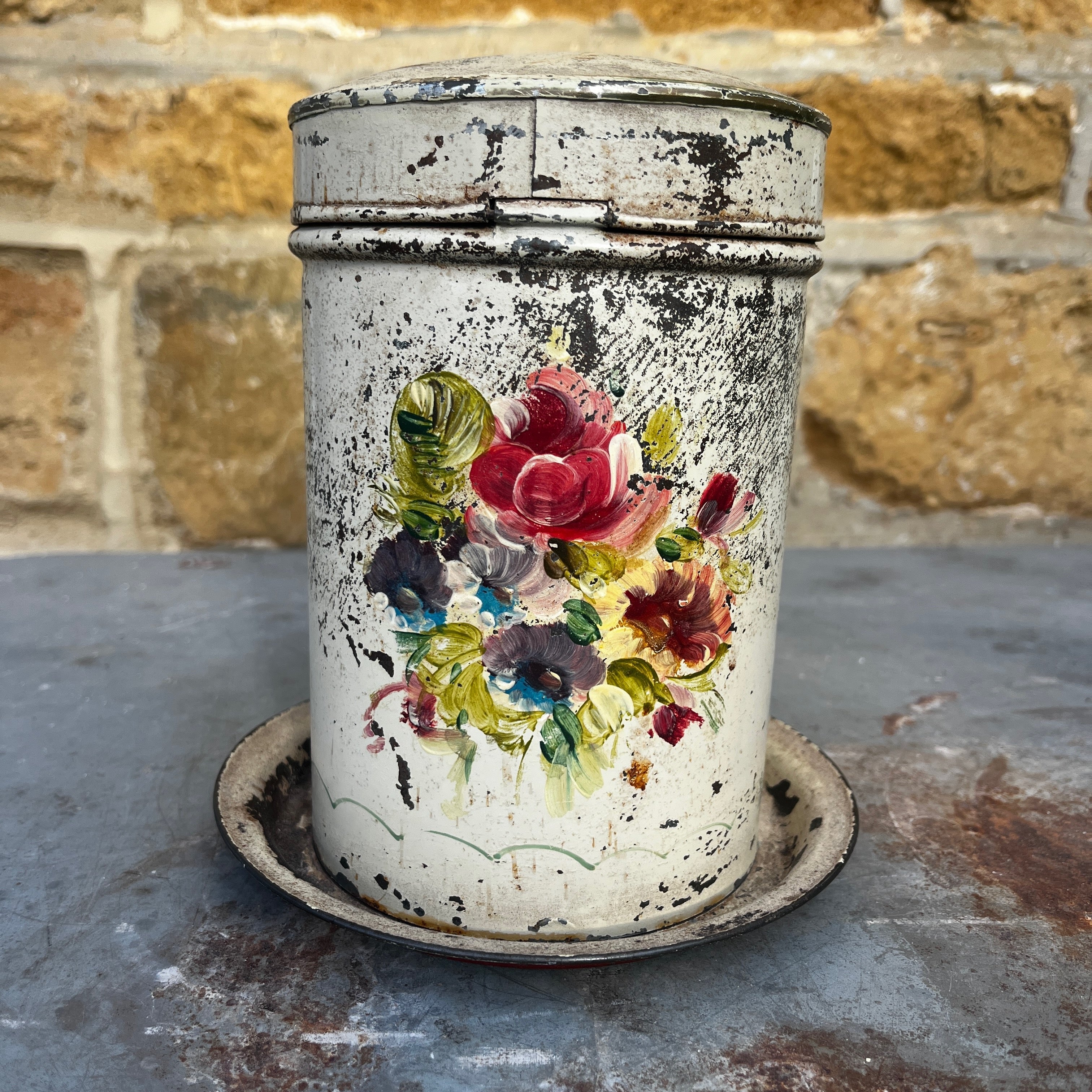 Vintage Hand-Painted French Provincial Floral Kitchen Tin with Lid & Saucer