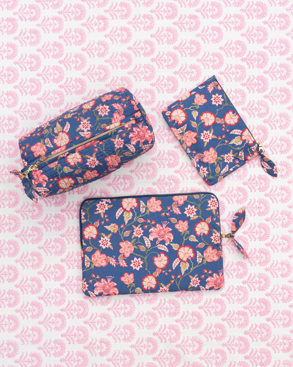 Drawstring Cotton Toiletry Bag for Travel - Navy & Pink Florals