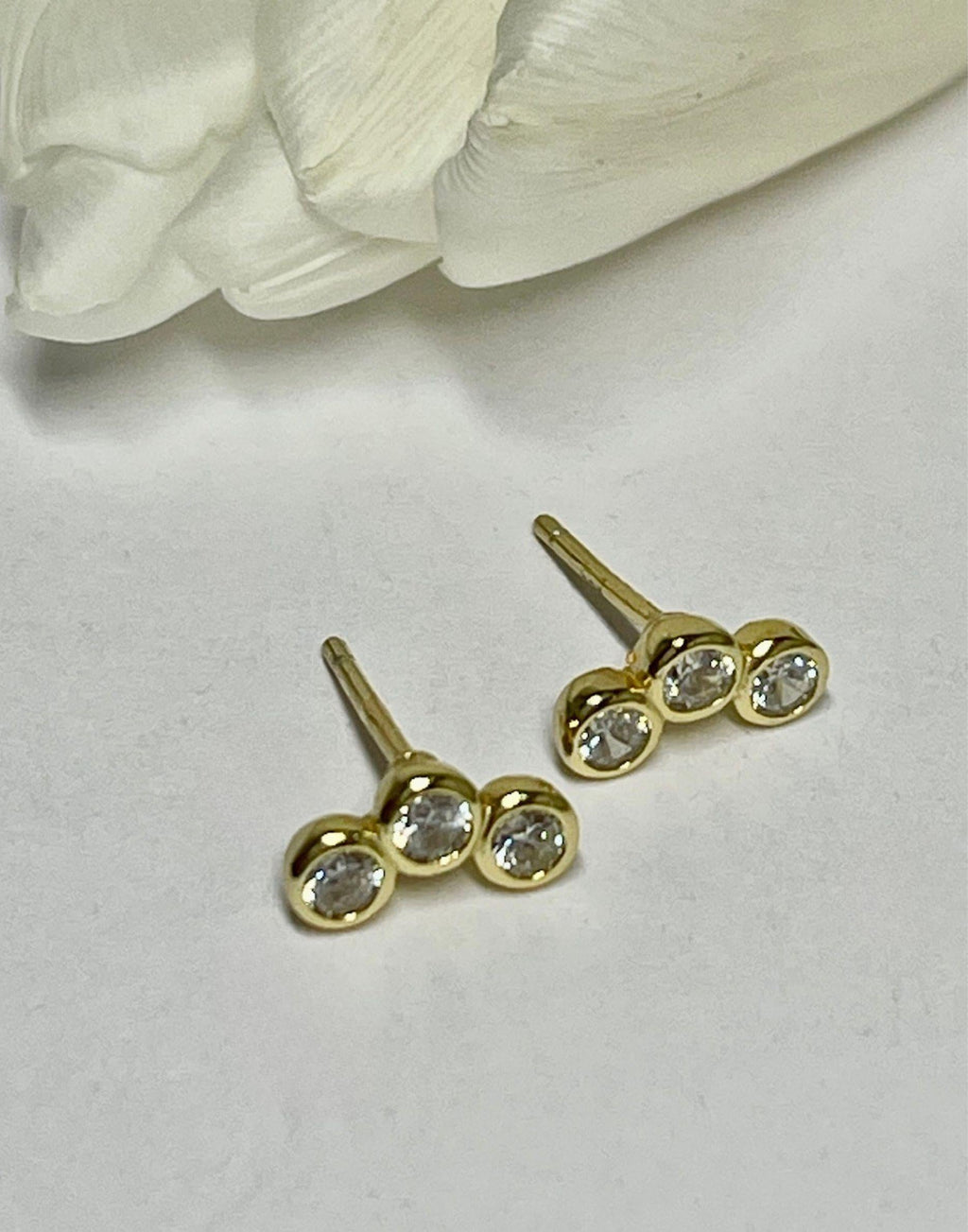 Triple Cubic Zirconia Gold Stud Earrings